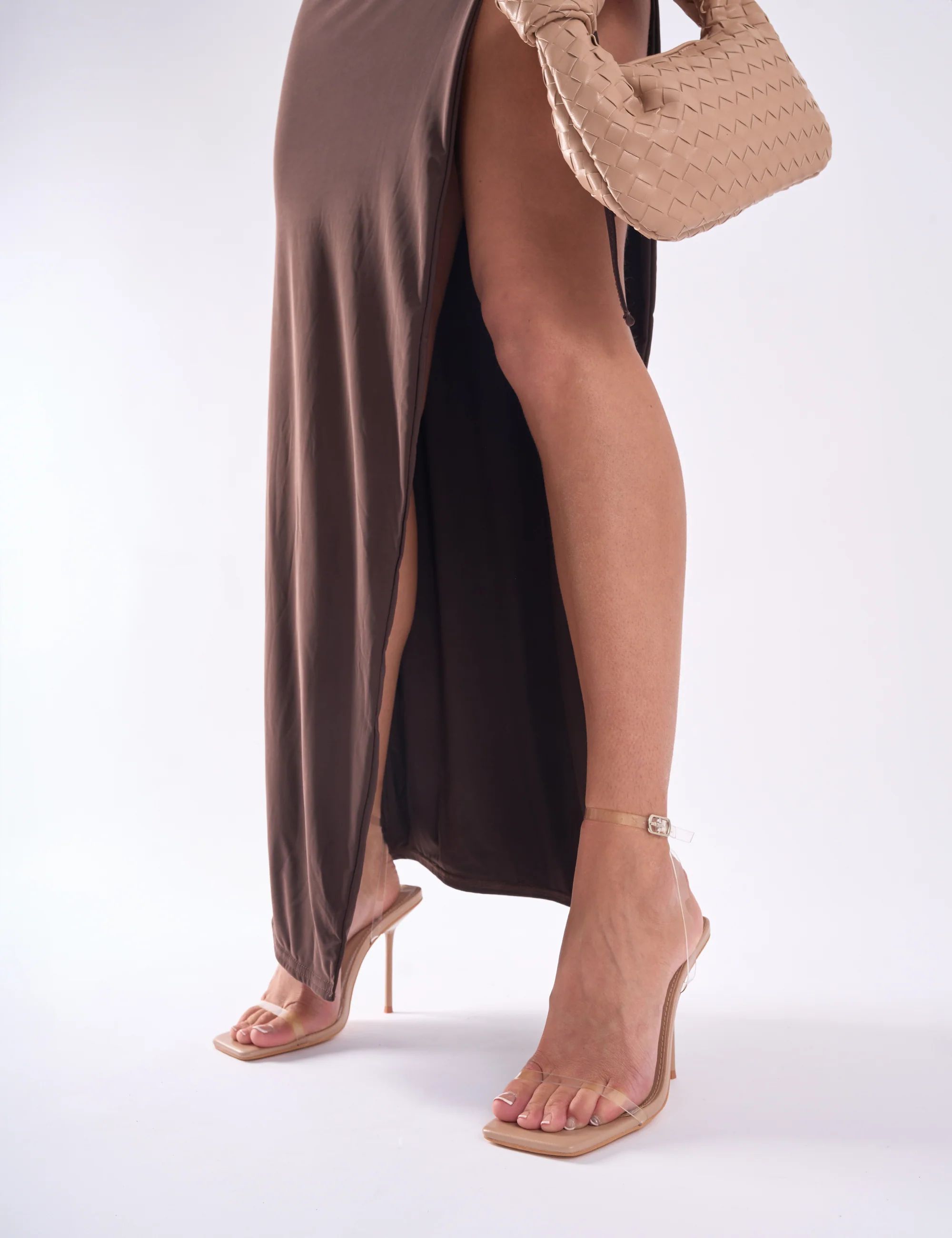 Rya Nude Perspex Mirror Square Toe Strappy Barely There Stiletto High Heels - Image 7