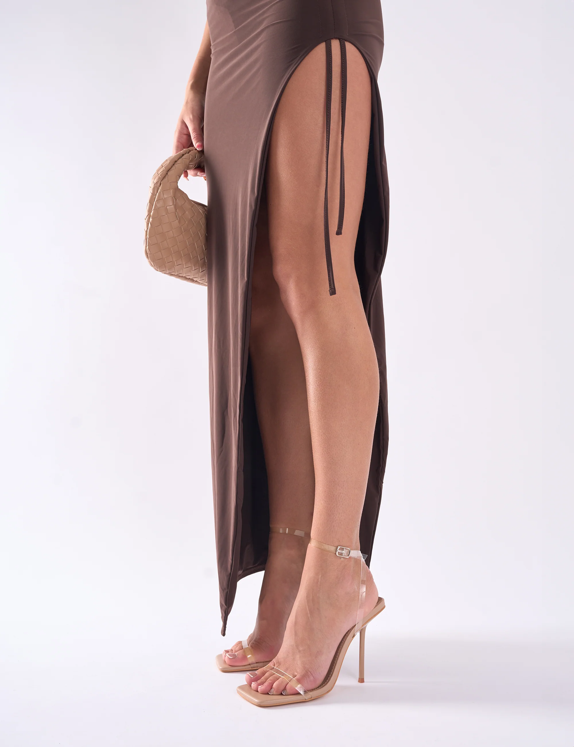 Rya Nude Perspex Mirror Square Toe Strappy Barely There Stiletto High Heels - Image 8