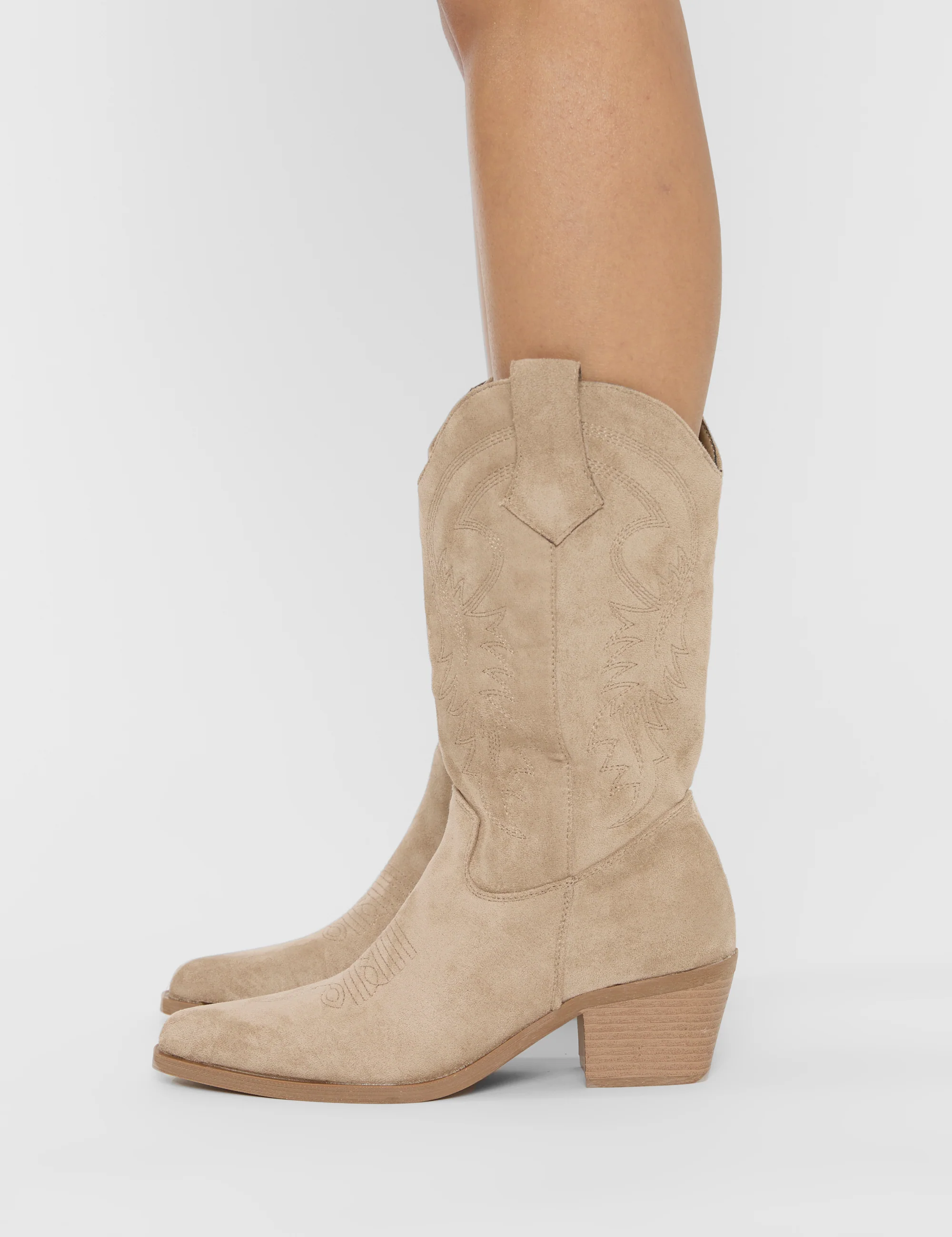 Sandy Beige Suedette Western Cowboy Ankle Boots - Image 4