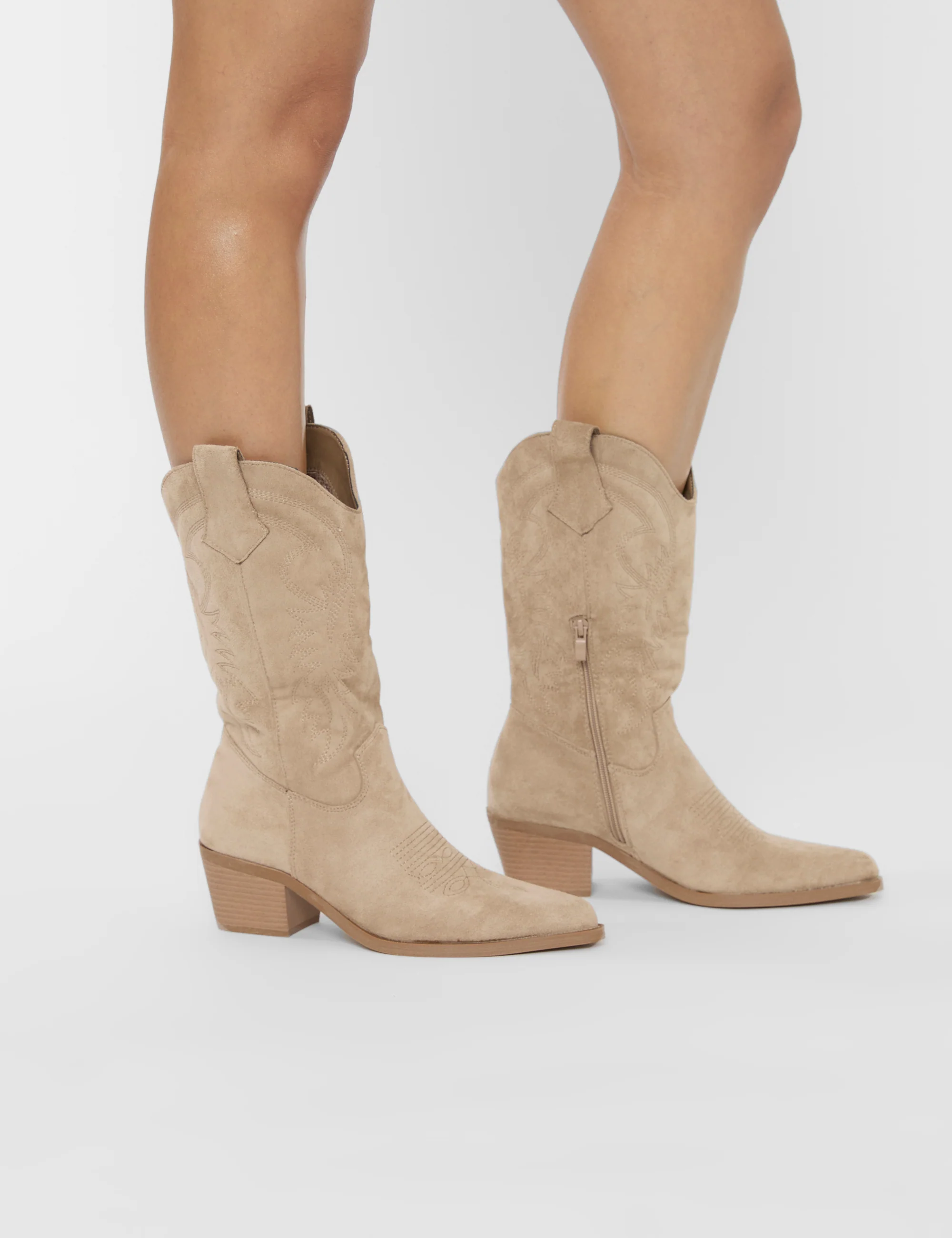 Sandy Beige Suedette Western Cowboy Ankle Boots - Image 6