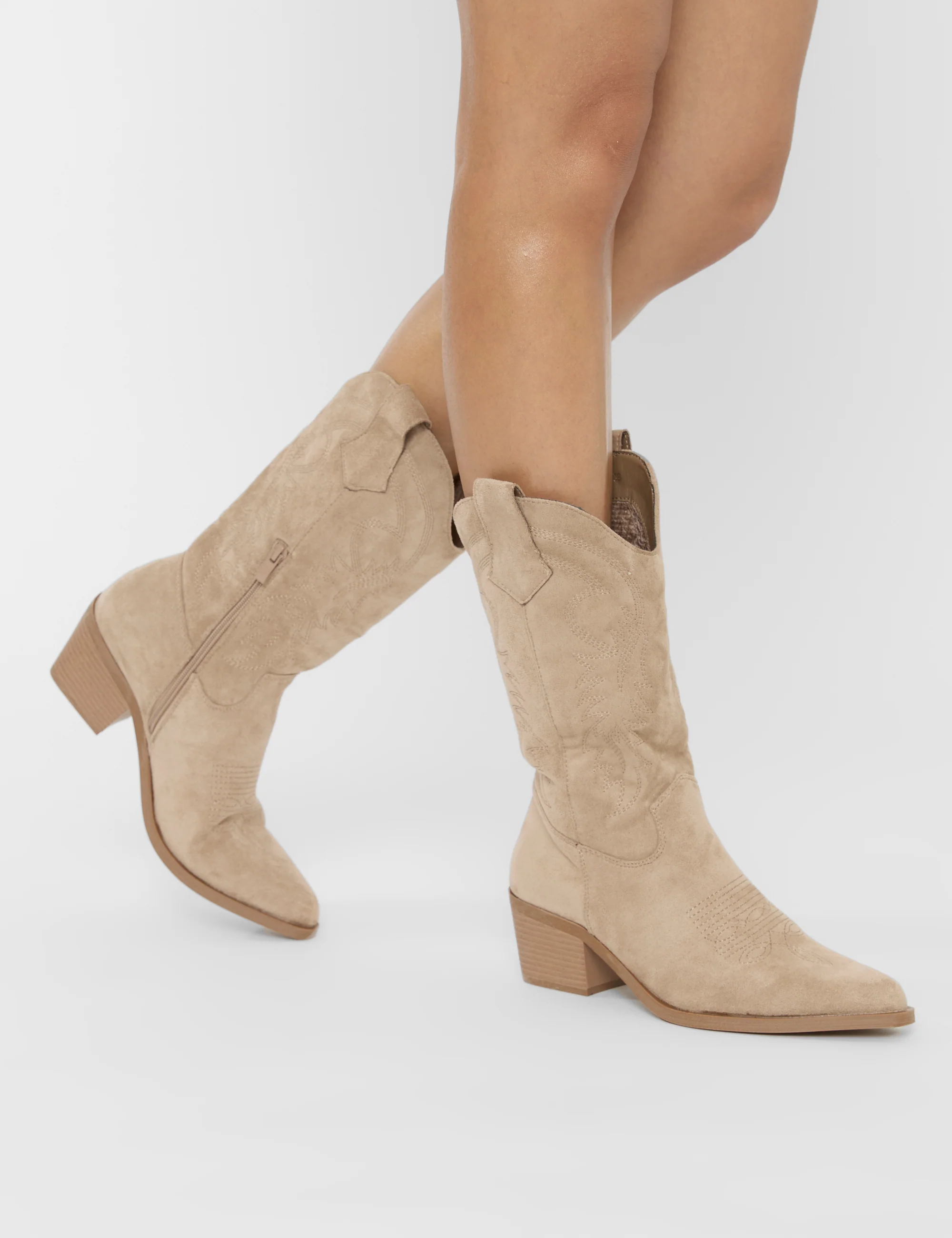 Sandy Beige Suedette Western Cowboy Ankle Boots - Image 7