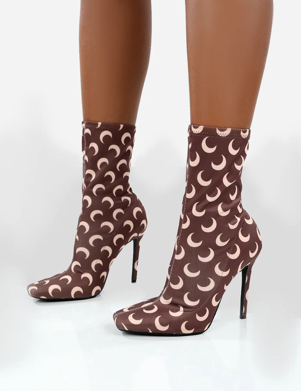 Saturn Return Wide Fit Brown Pointed Toe Stiletto Printed Sock Boots - Image 3