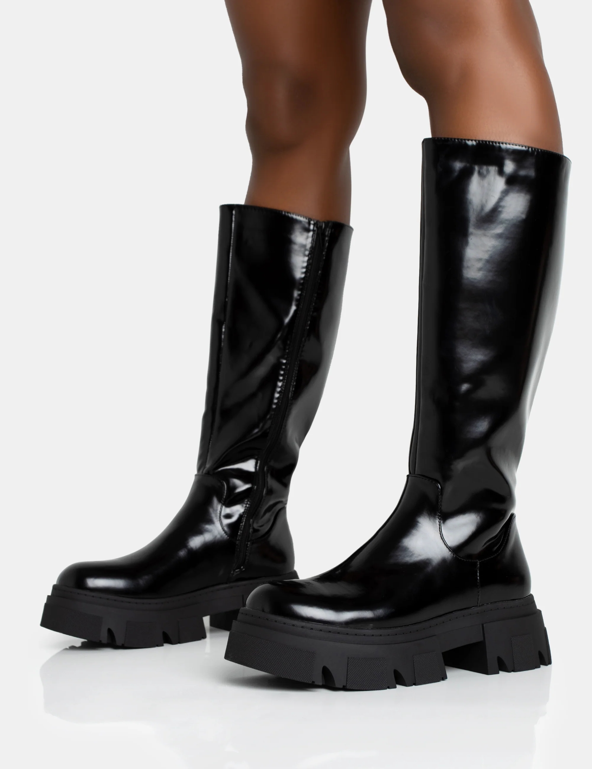 Scorpio Black Rubberised Pu Rounded Toe Chunky Sole Knee High Boots - Image 3