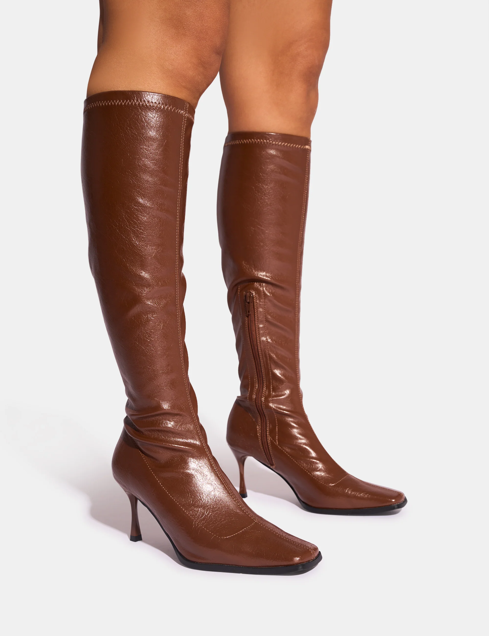 Scorpion Chocolate Mid Heel Sock Knee High Boots - Image 6