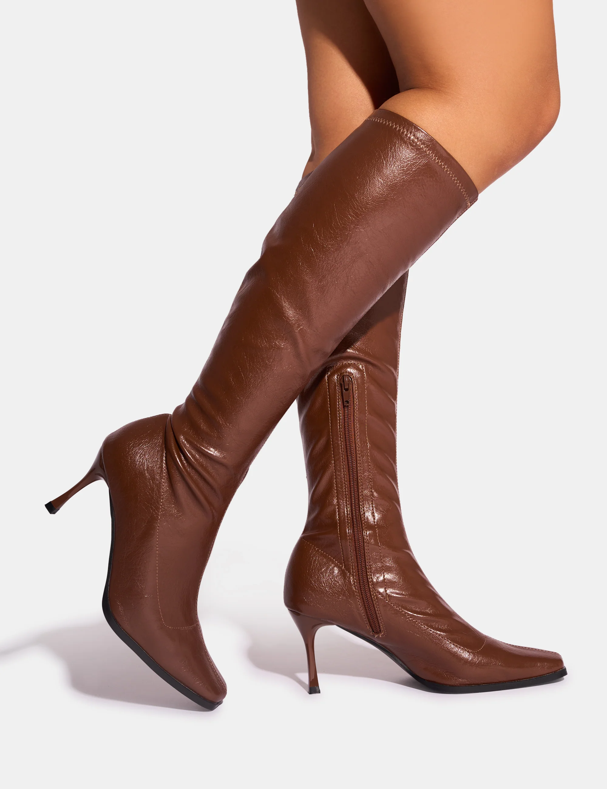 Scorpion Chocolate Mid Heel Sock Knee High Boots - Image 7