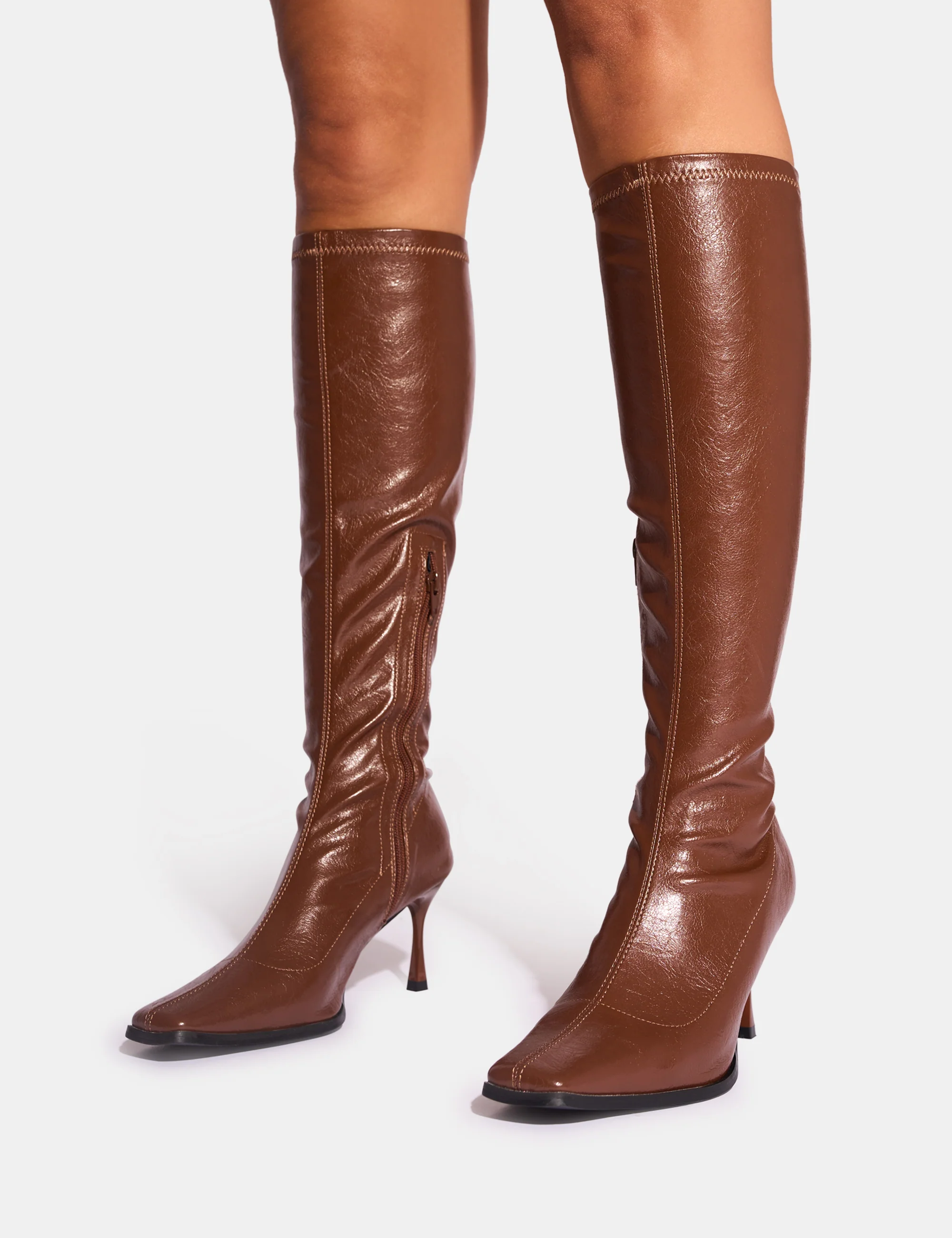 Scorpion Chocolate Mid Heel Sock Knee High Boots - Image 9