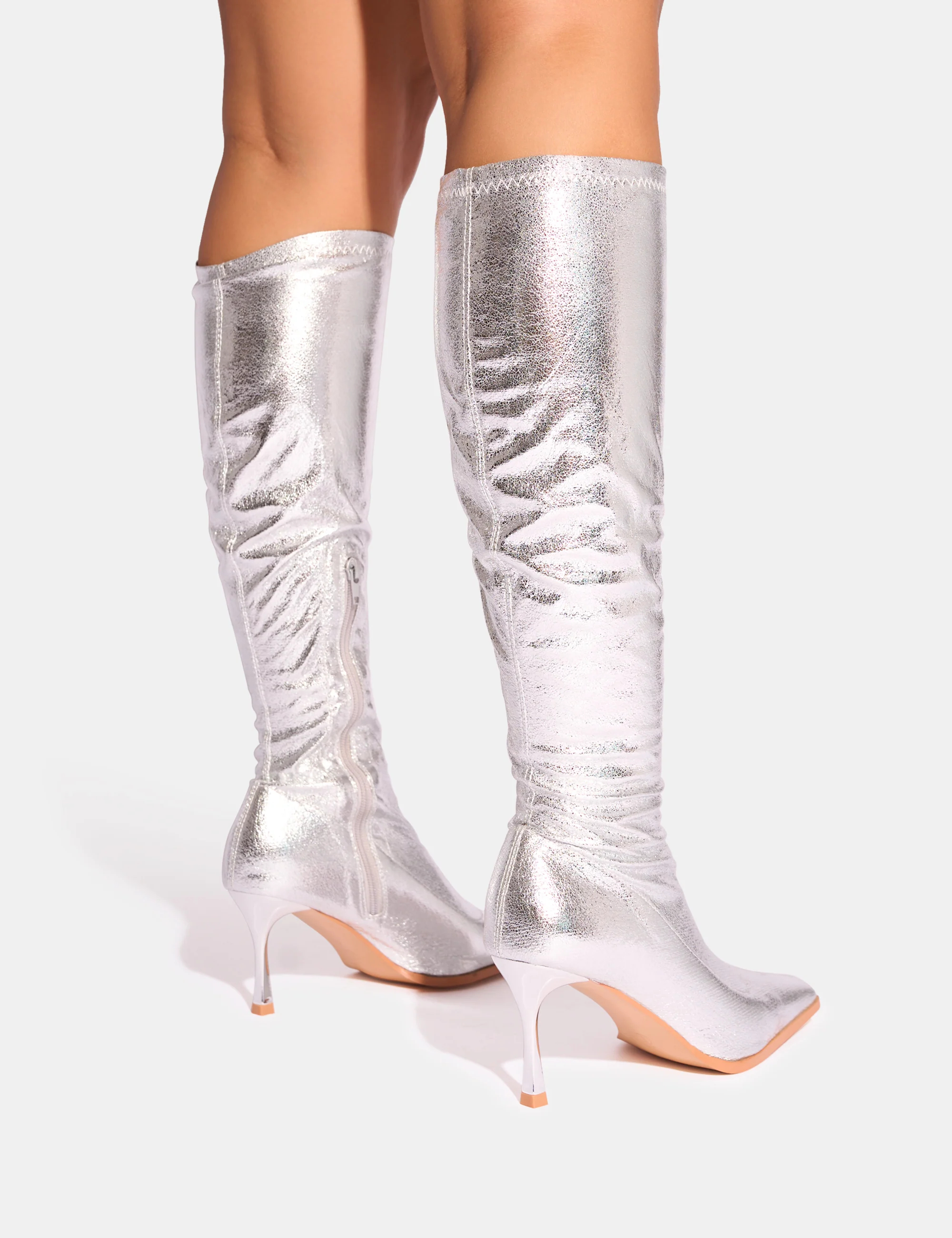 Scorpion Cracked Silver Mid Heel Sock Knee High Boots - Image 3