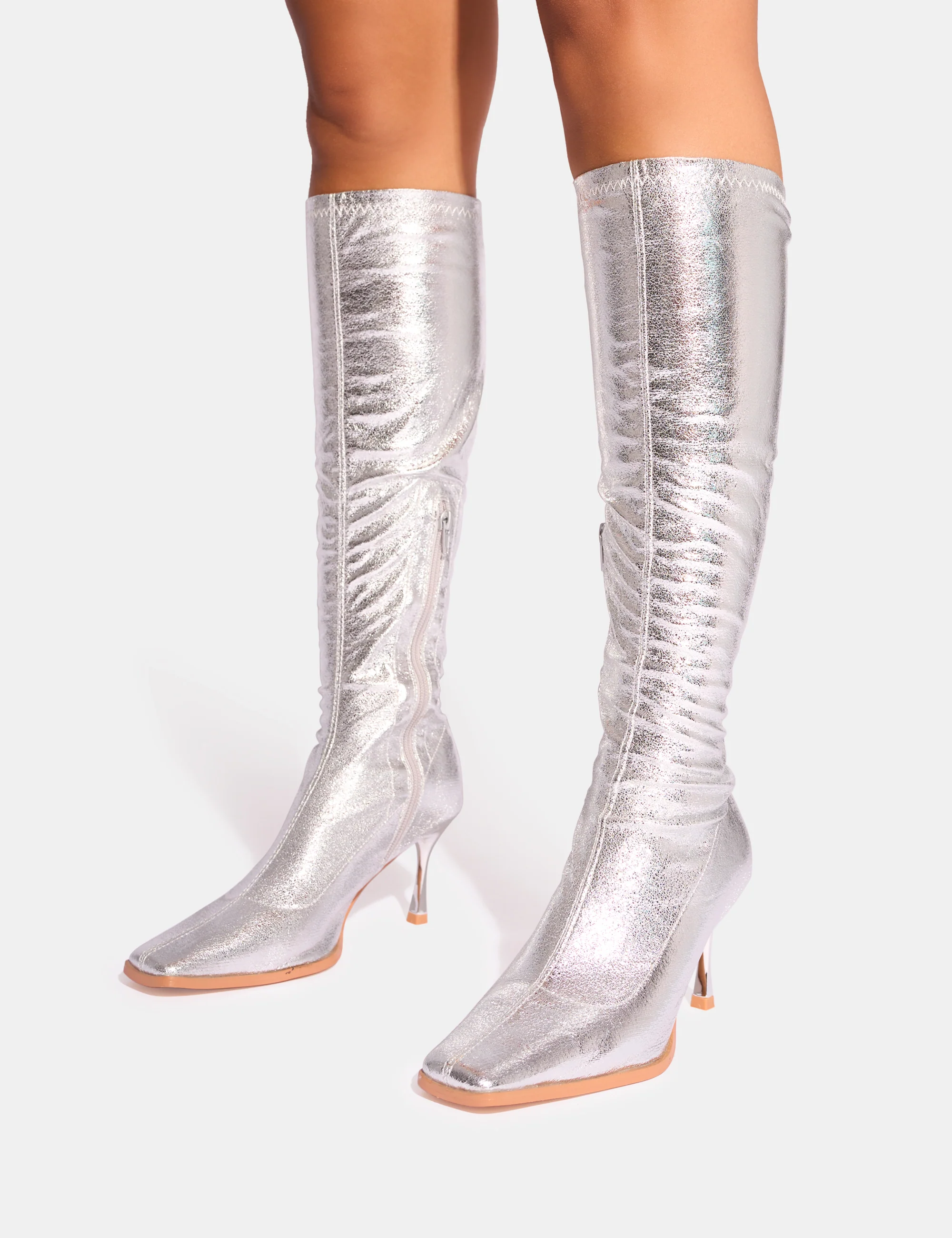 Scorpion Cracked Silver Mid Heel Sock Knee High Boots - Image 4