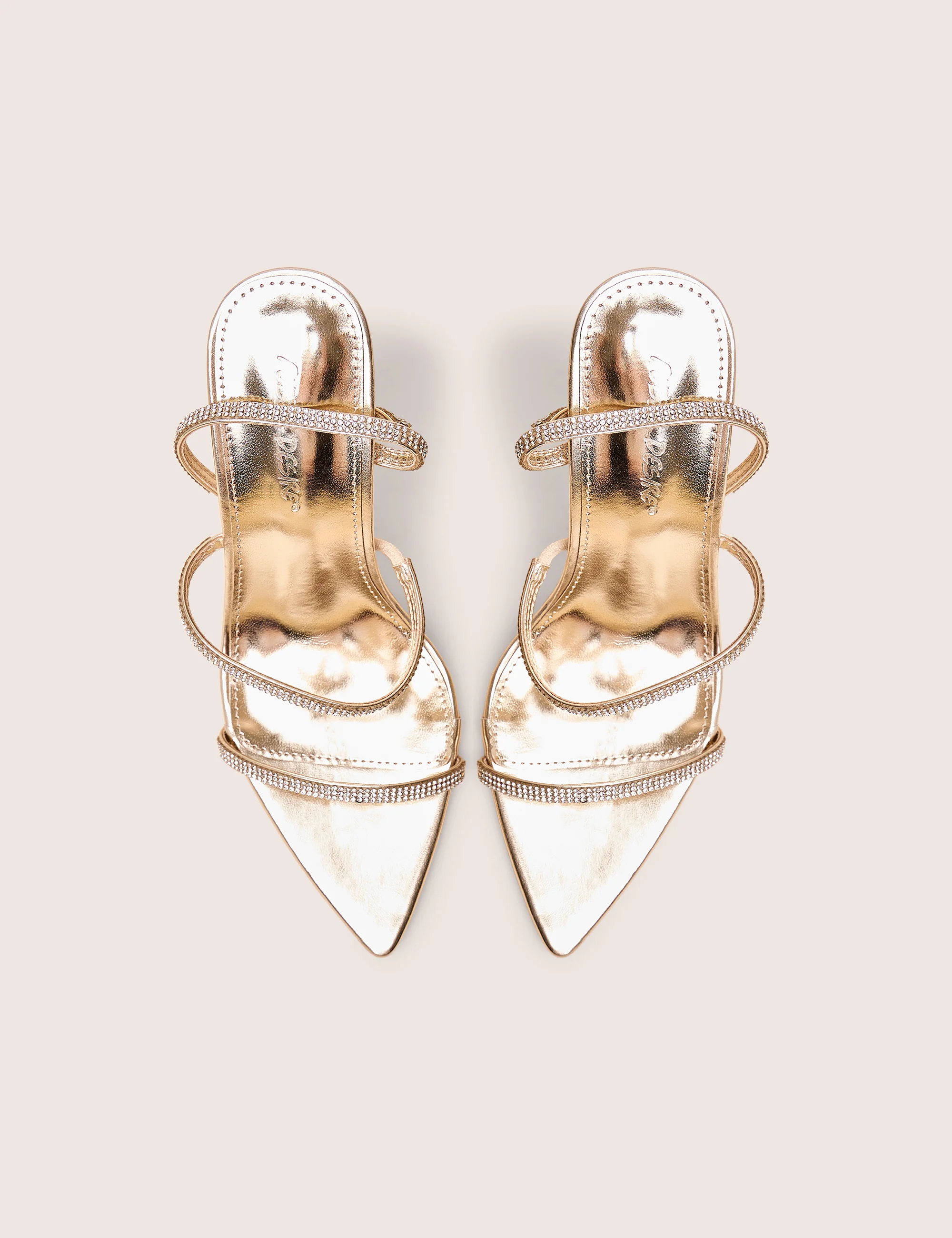 Seductive Gold Mirror Pu Diamante Strap Pointed Toe Stiletto High Heels - Image 2