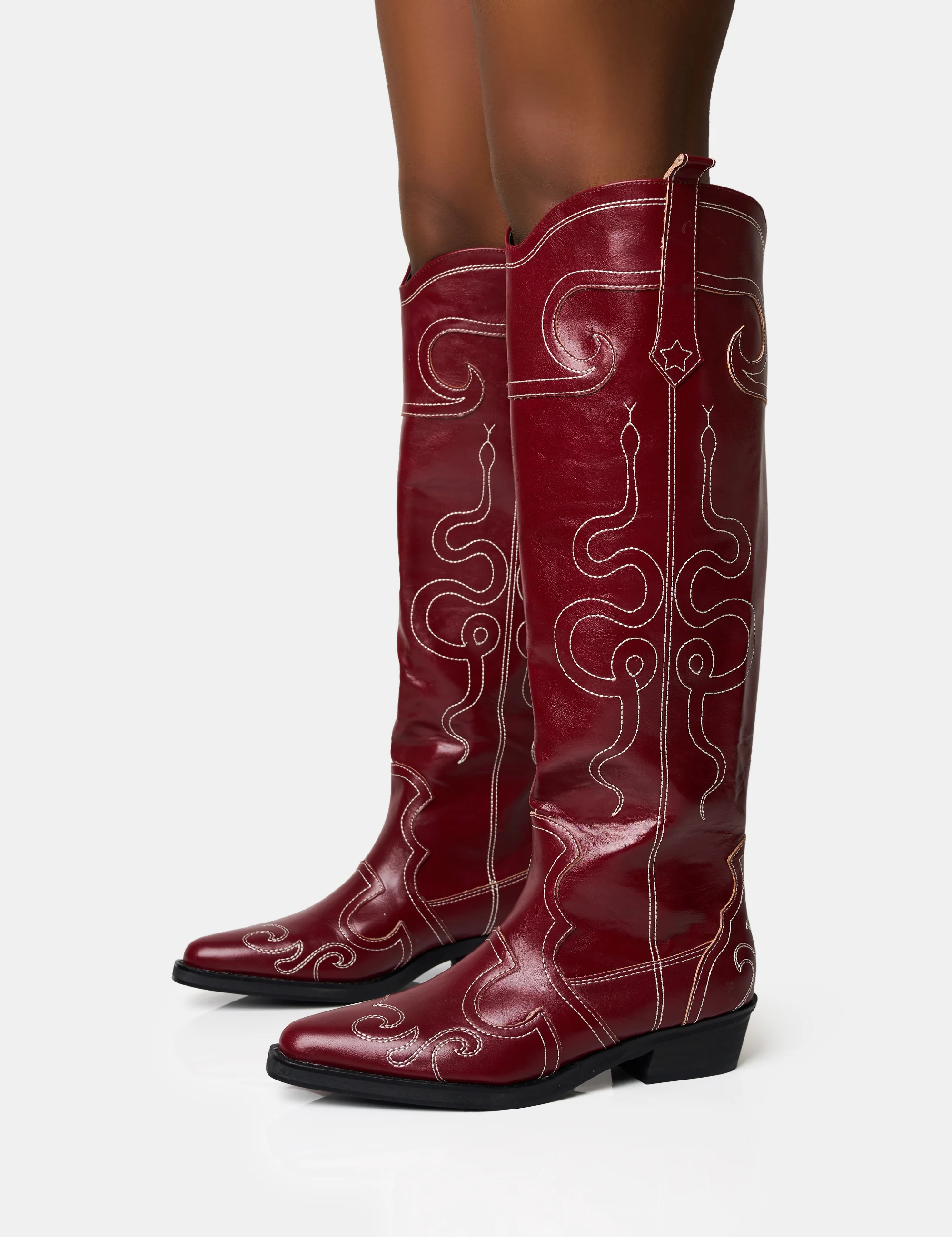 Serpentine Burgundy Snake Embroidered Flat Knee High Western Boots - Image 3