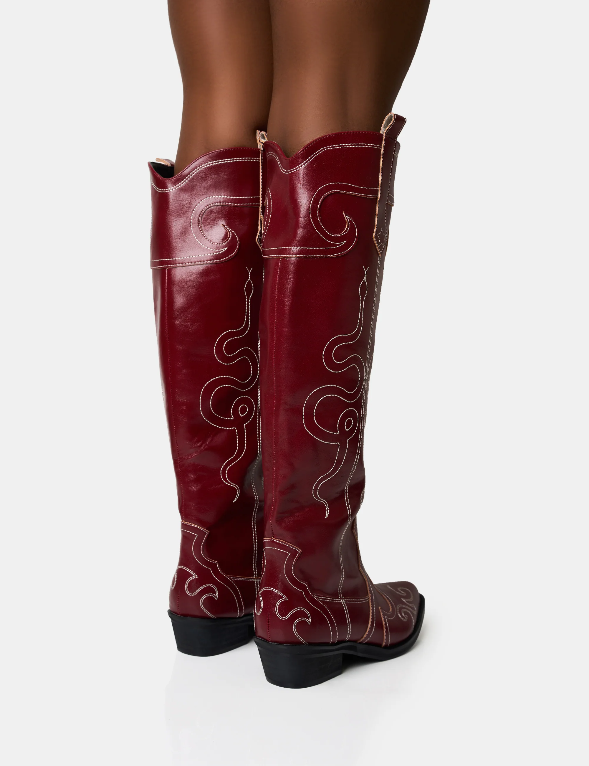 Serpentine Burgundy Snake Embroidered Flat Knee High Western Boots - Image 4