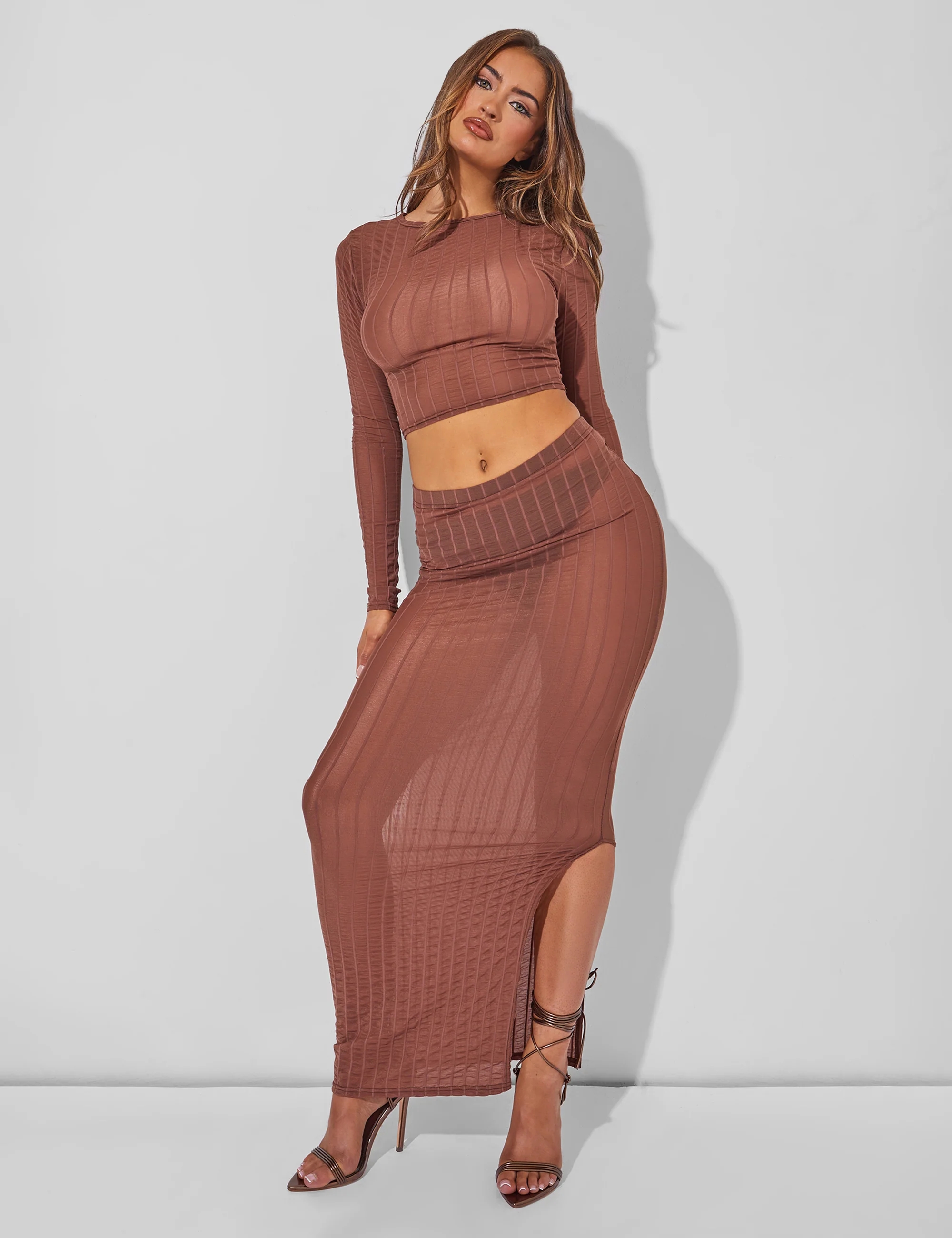 Sheer Long Sleeve Top Co Ord Brown - Image 3