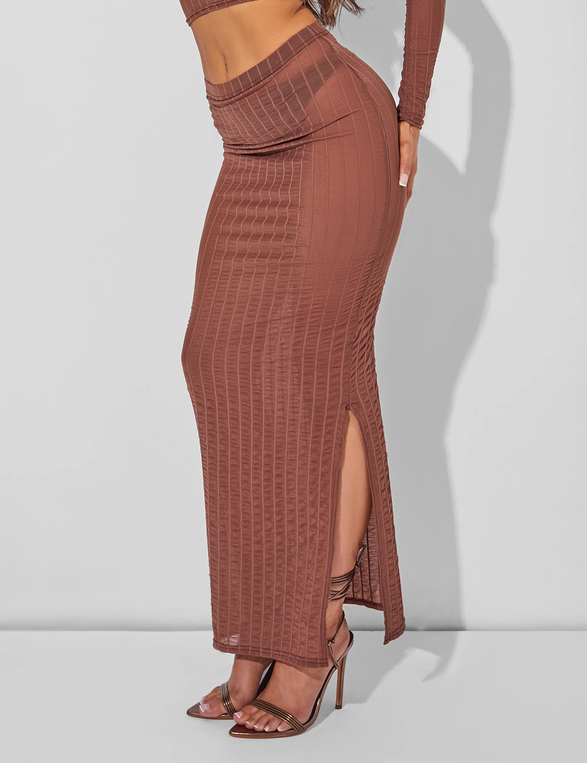 Sheer Maxi Skirt Co Ord Brown - Image 3