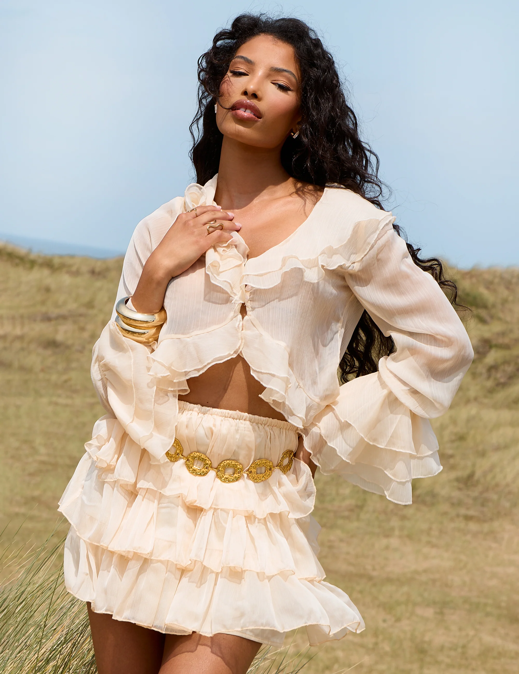 Sheer Ruffle Tiered Mini Skirt Stone - Image 3
