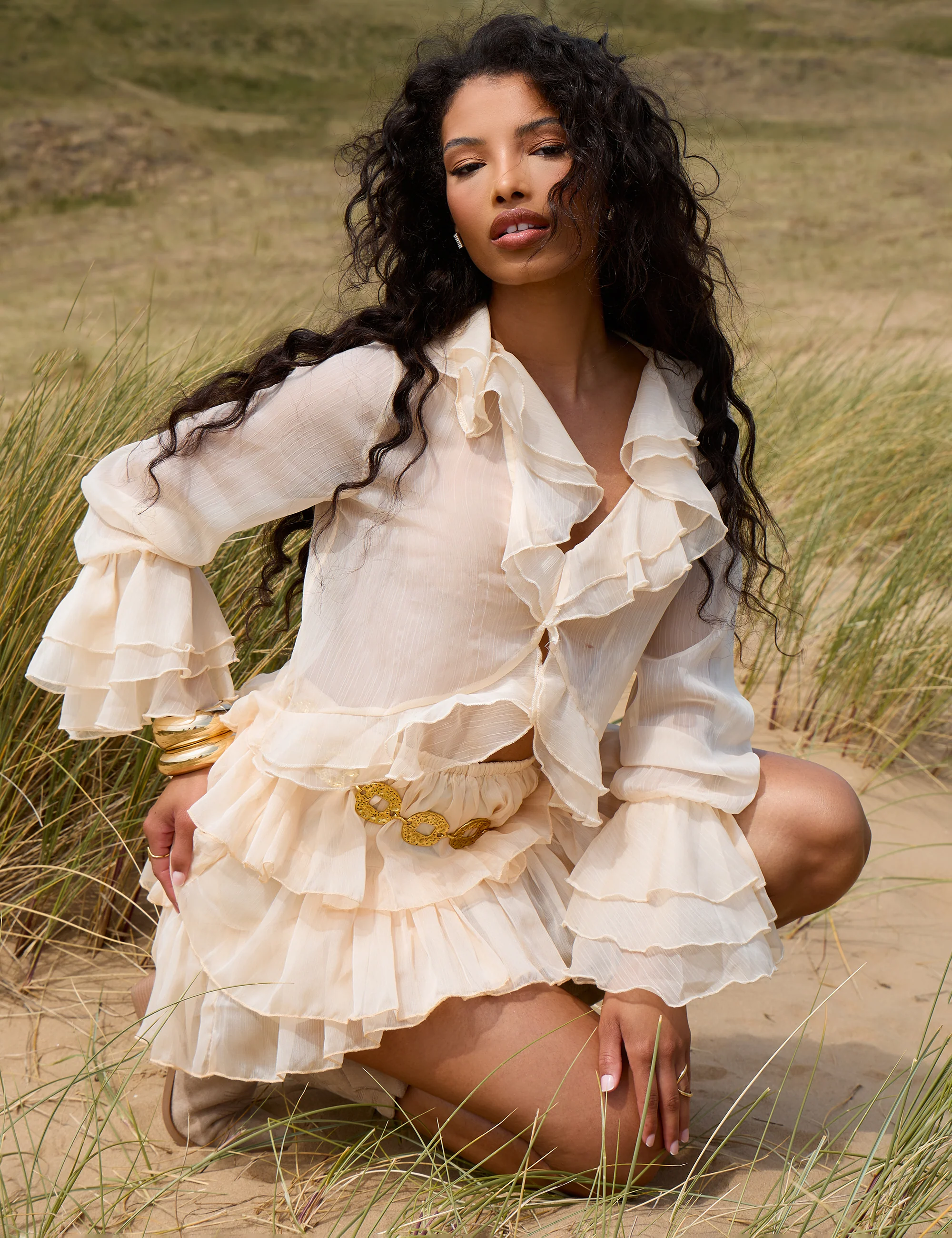 Sheer Ruffled Long Sleeve Crop Top Stone - Image 2