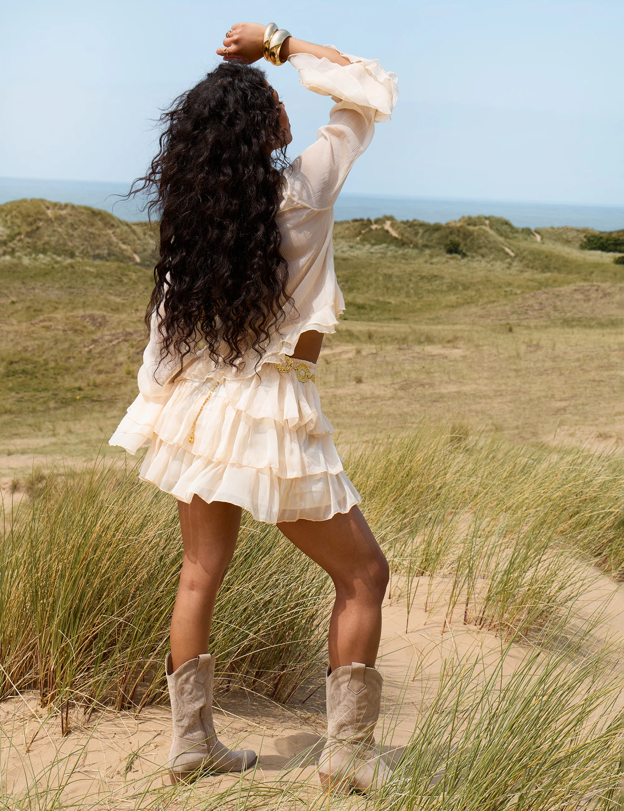 Sheer Ruffled Long Sleeve Crop Top Stone - Image 3