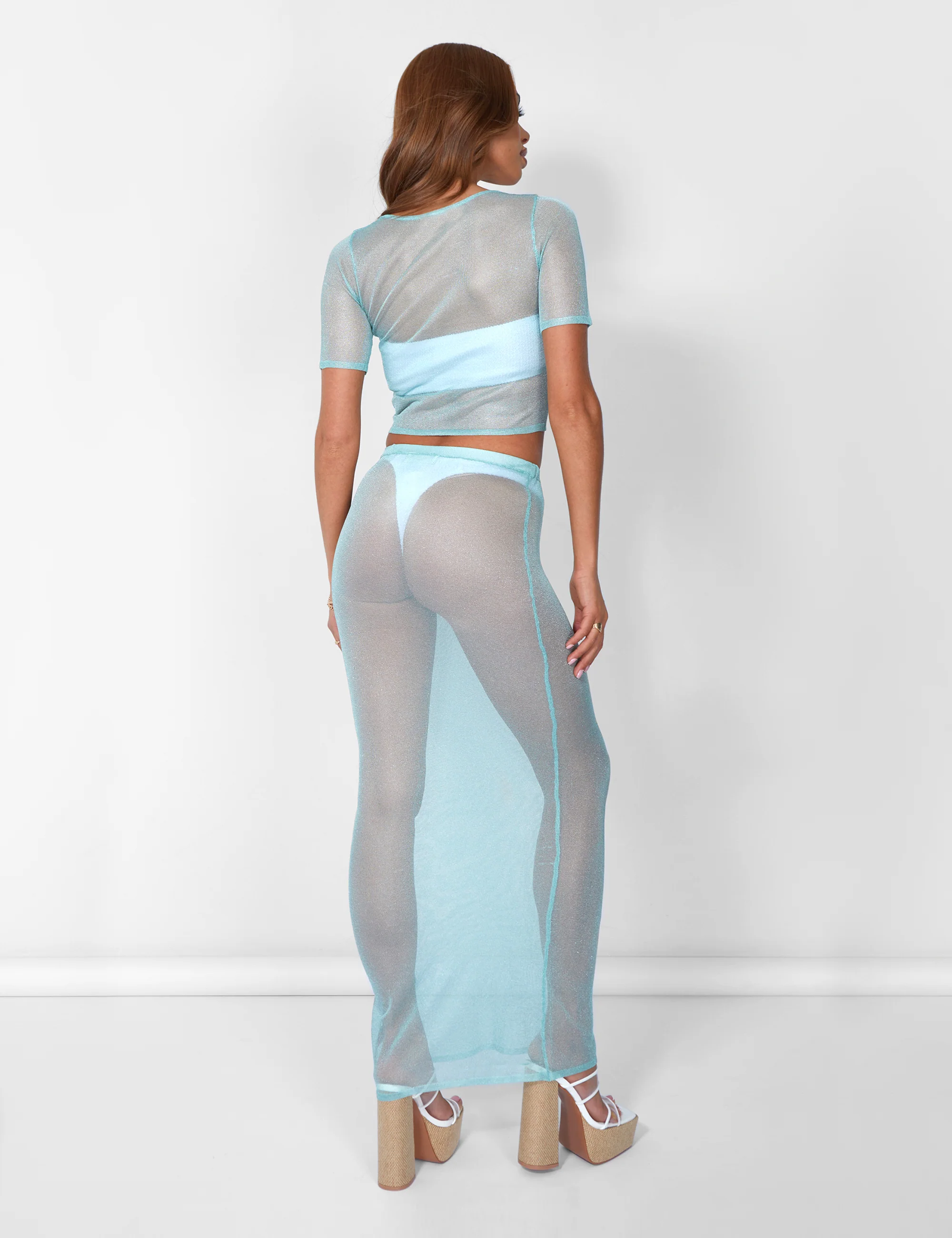 Sheer Shimmer Knitted Maxi Skirt Blue - Image 6