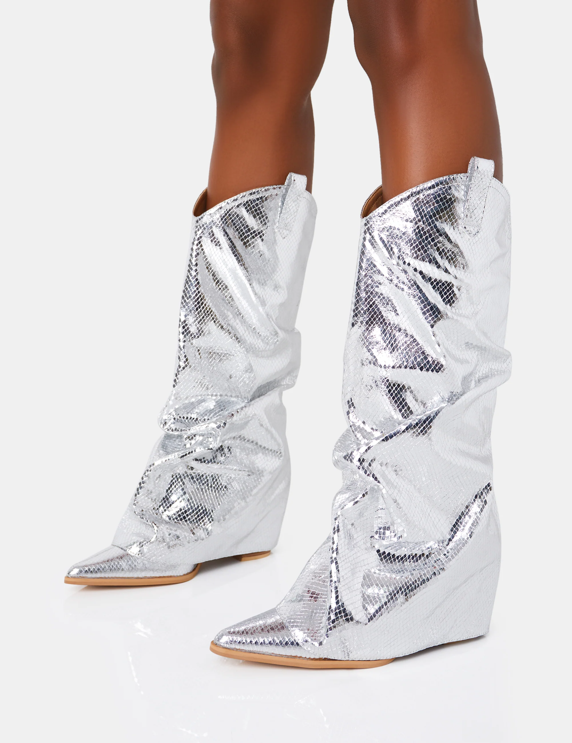 Sheriff Silver Metallic Western Fold Over Block Cowboy Knee High Boots - Image 3