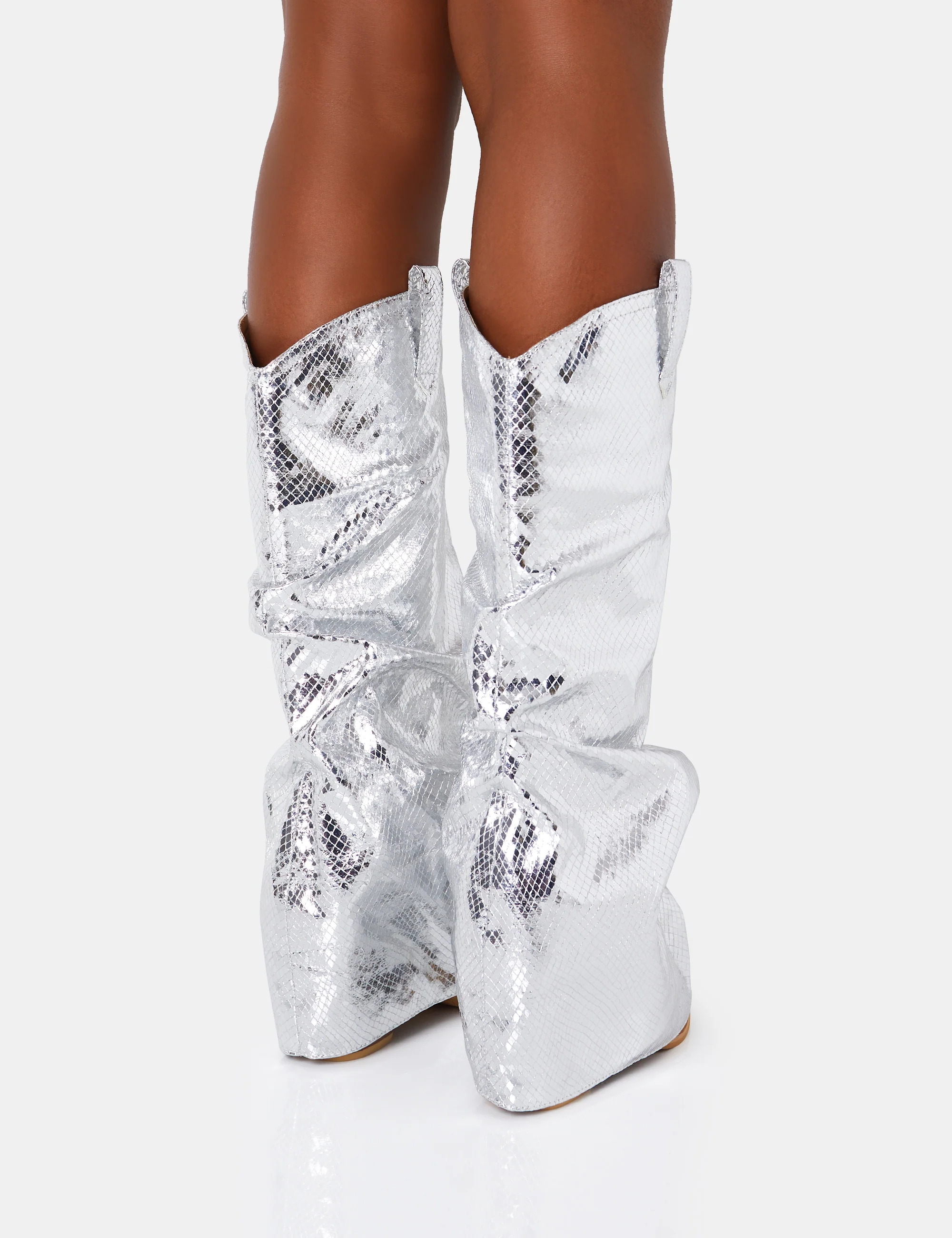 Sheriff Silver Metallic Western Fold Over Block Cowboy Knee High Boots - Image 4