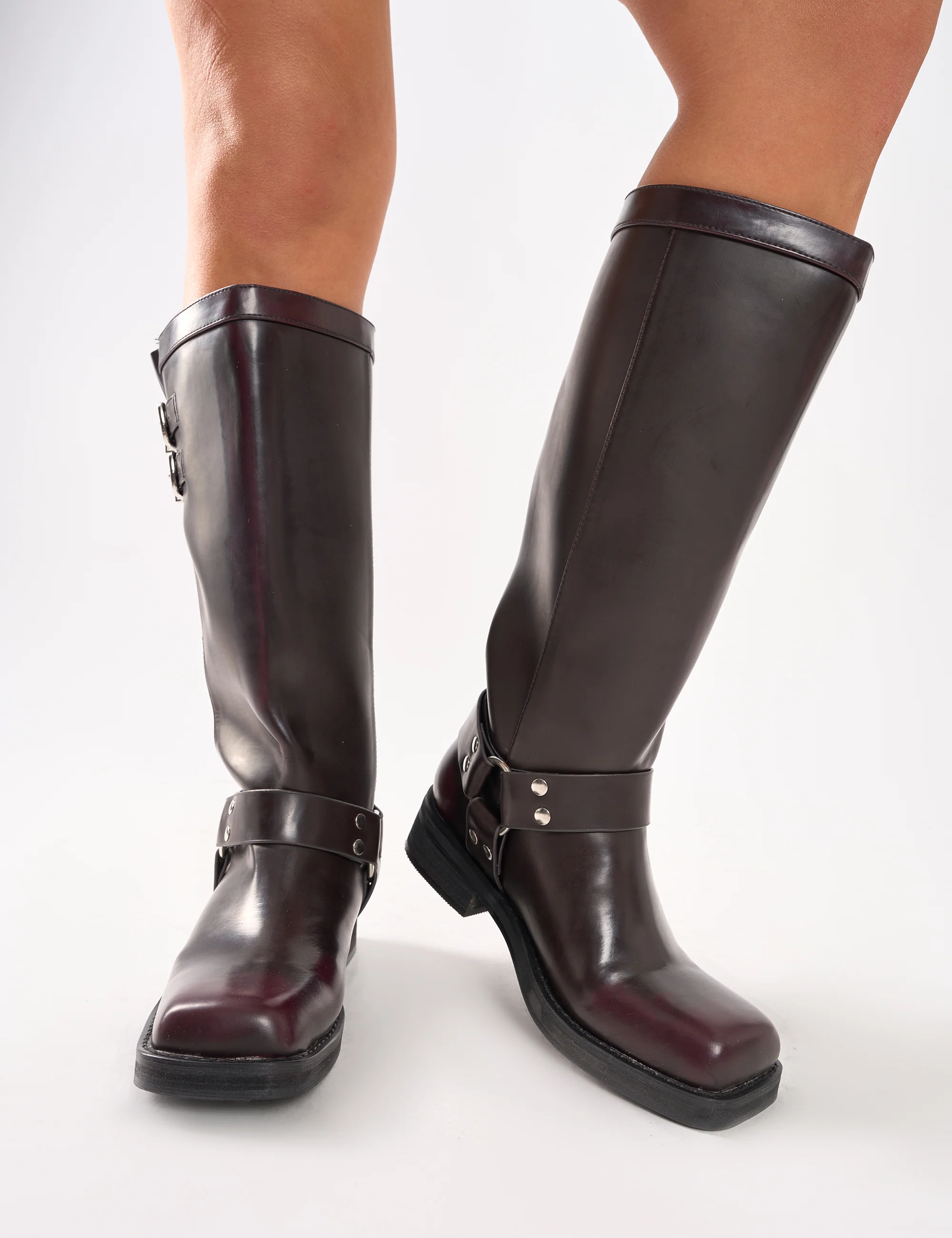 Sirius Burgundy Vintage Buckle Knee Hight Flat Boots - Image 3