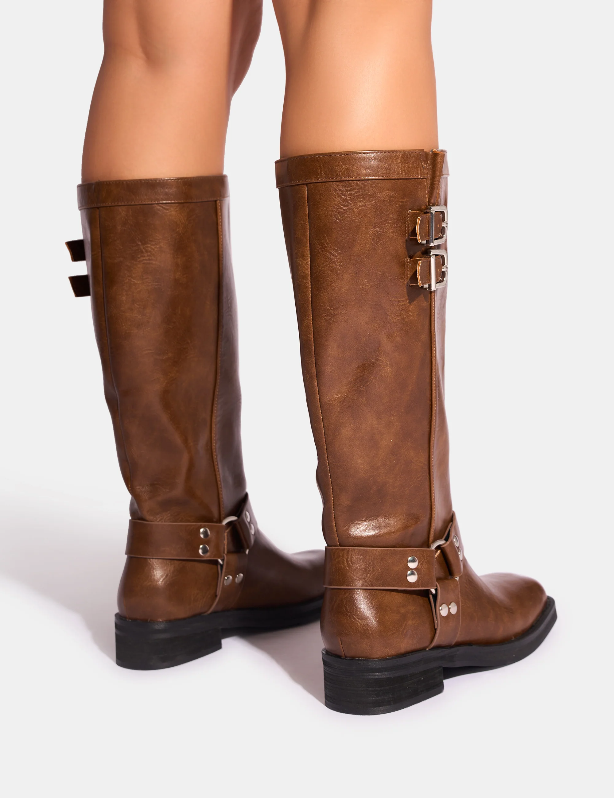 Sirius Tan Vintage Buckle Knee Hight Flat Boots - Image 3