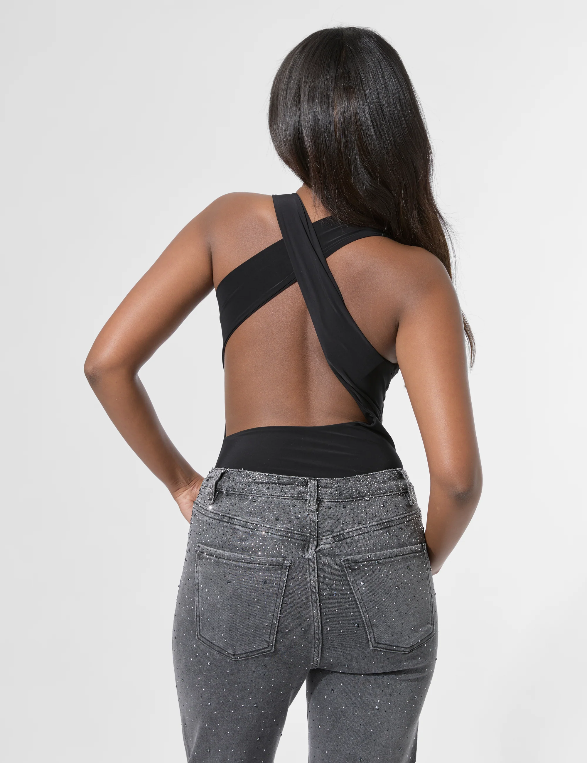 Cross Over Back Detail Luxe Slinky Bodysuit Black - Image 2