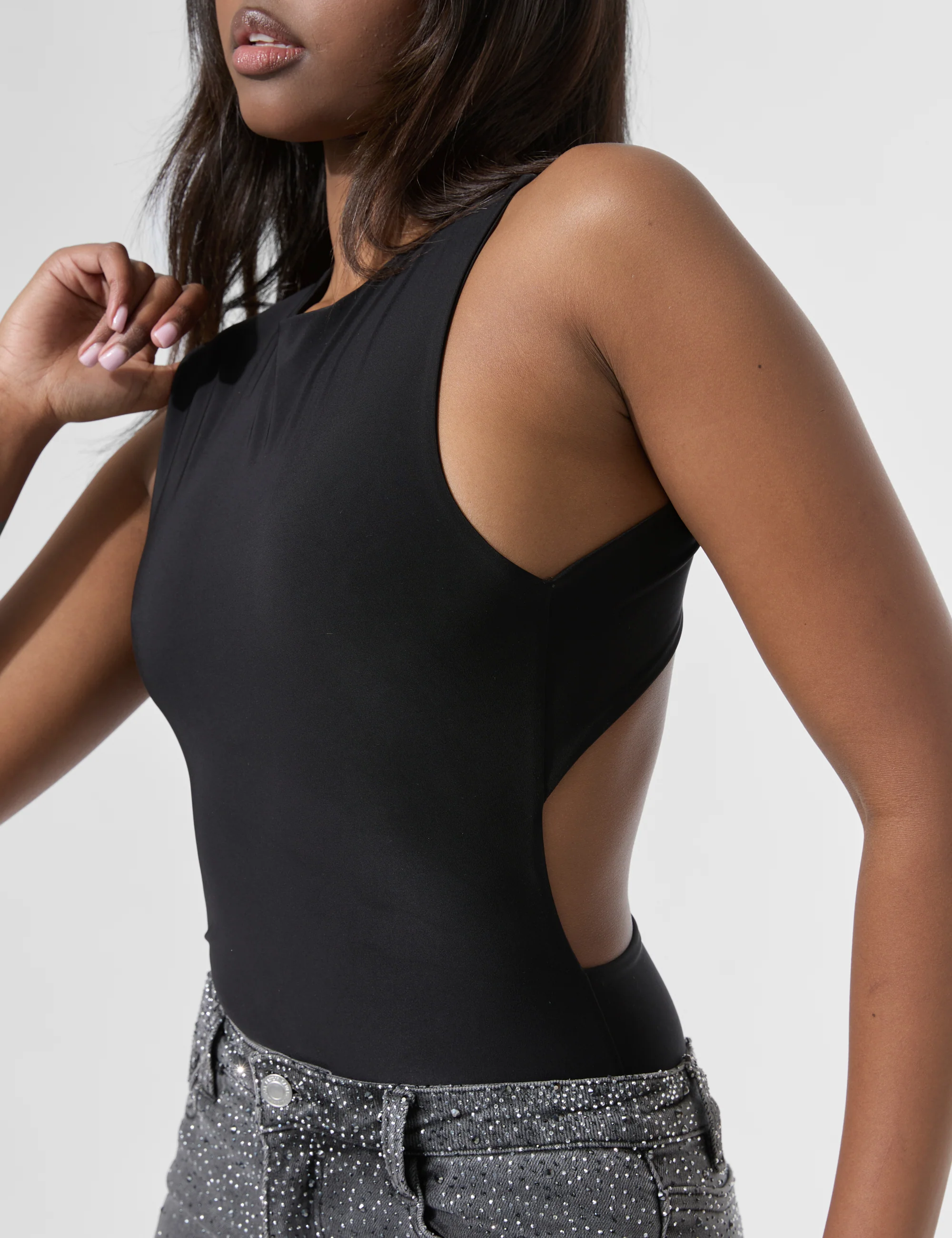 Cross Over Back Detail Luxe Slinky Bodysuit Black - Image 4