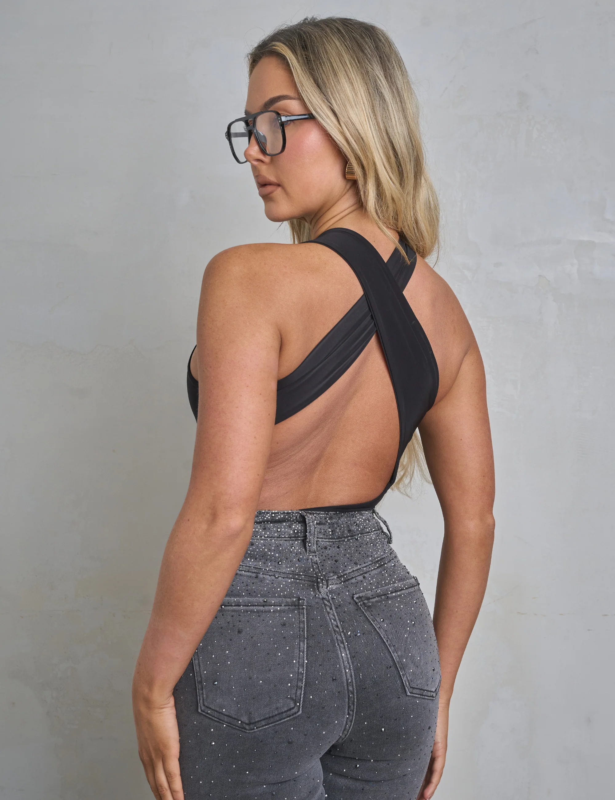 Cross Over Back Detail Luxe Slinky Bodysuit Black - Image 5