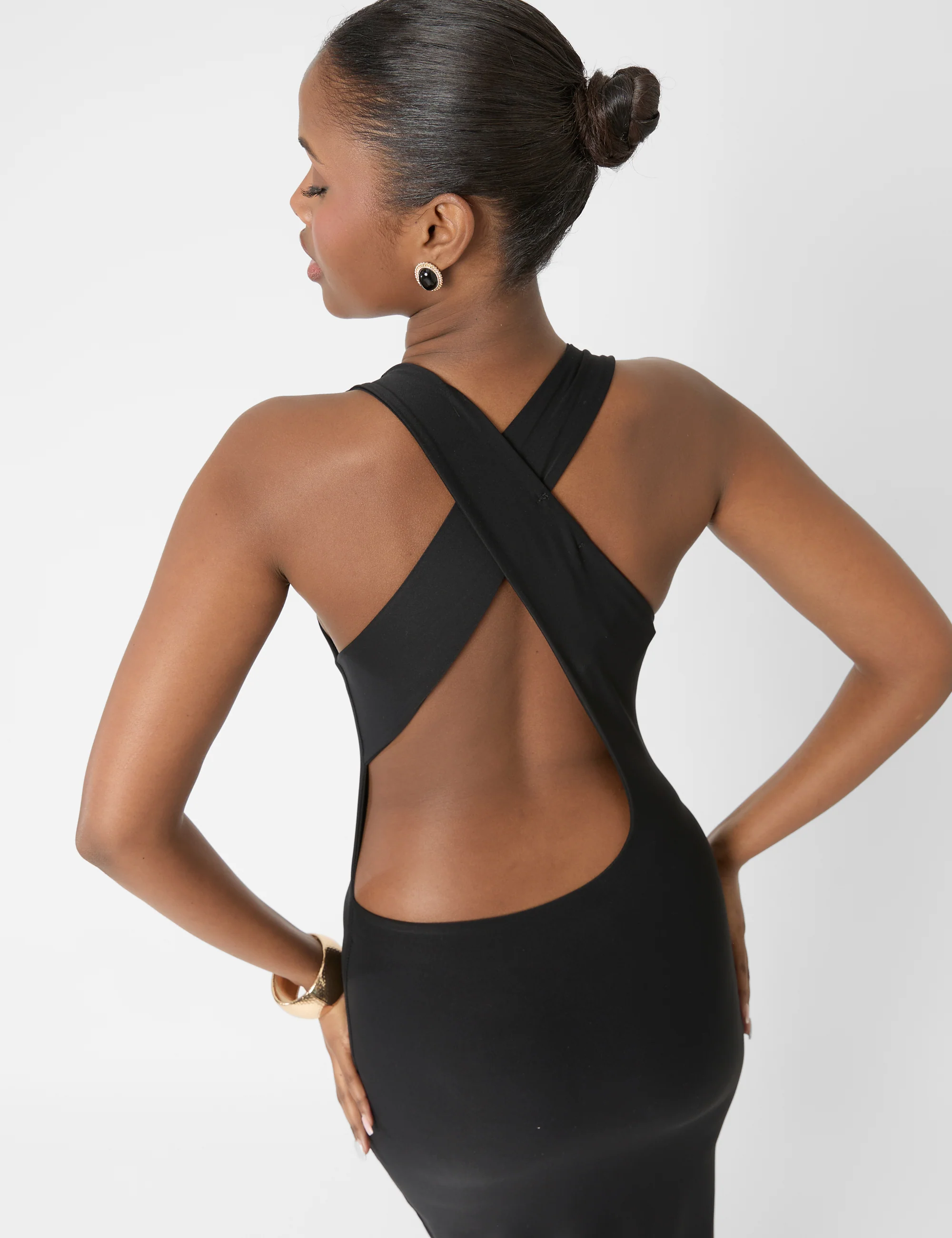 Cross Over Back Detail Luxe Slinky Maxi Dress Black - Image 6