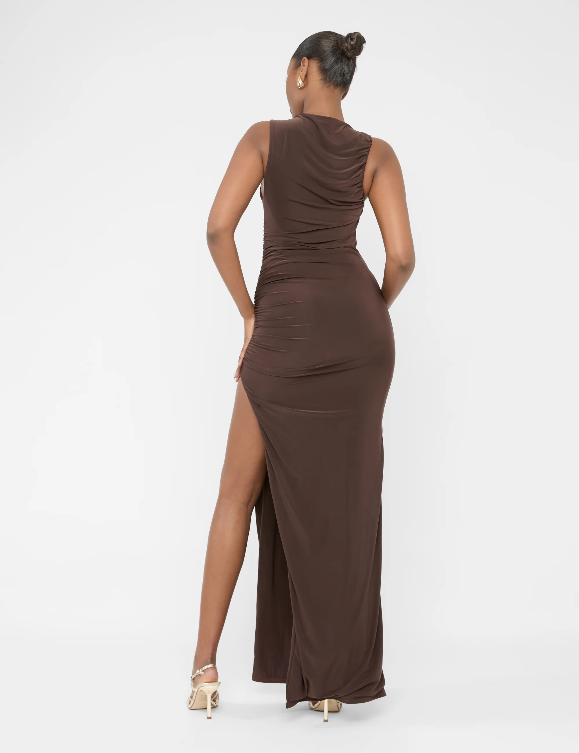 High Neck Ruched Detail Maxi Dress Chocolate - Image 6