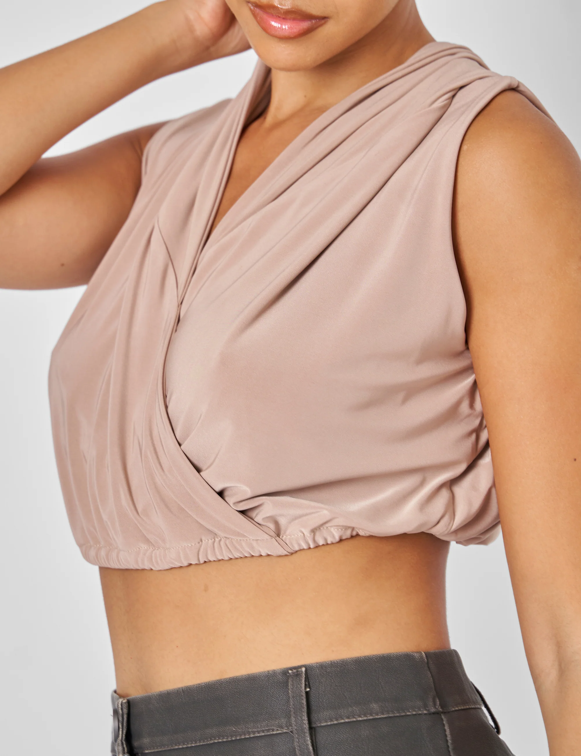 Sleeveless Wrap Front Top With Hood Stone - Image 5