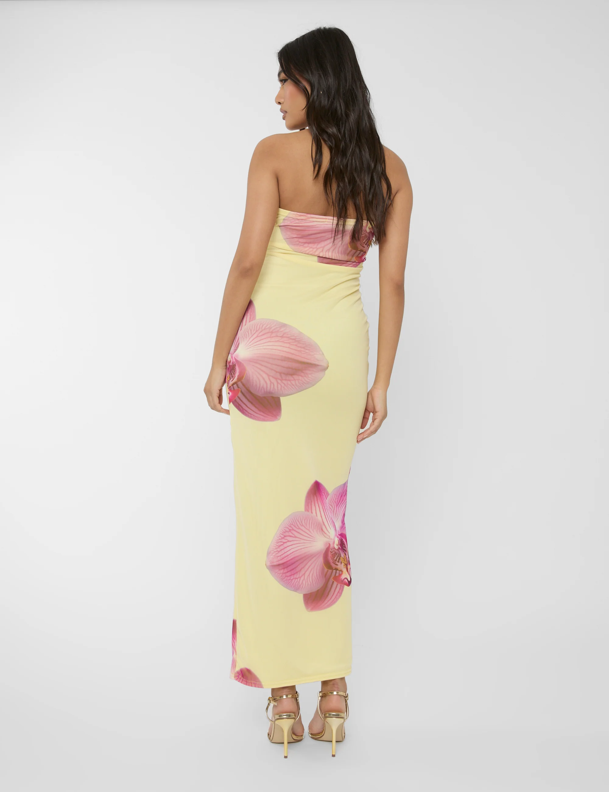 Slinky Bandeau Floral Print Maxi Dress Yellow - Image 2
