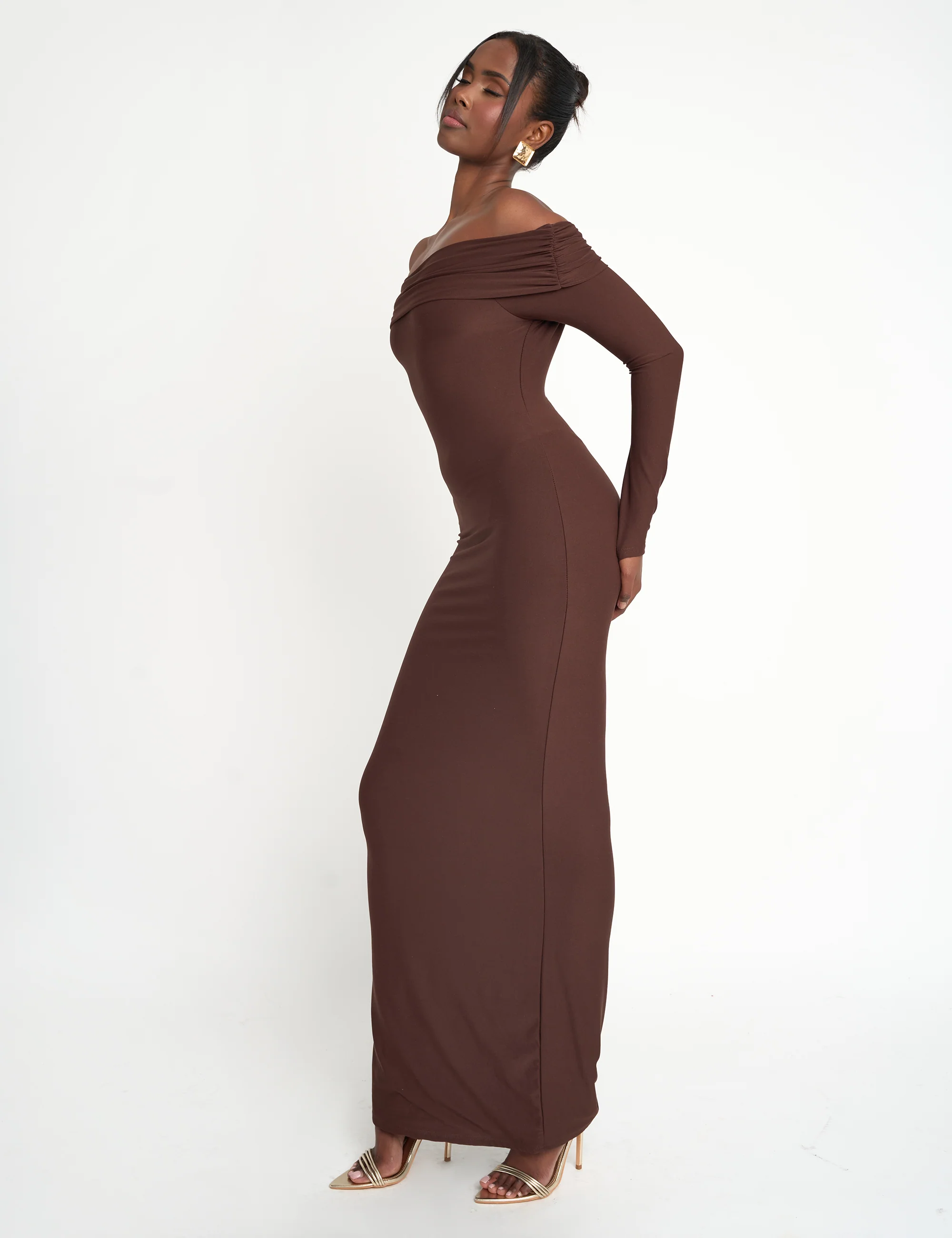 Slinky Bardot Maxi Dress Brown - Image 2