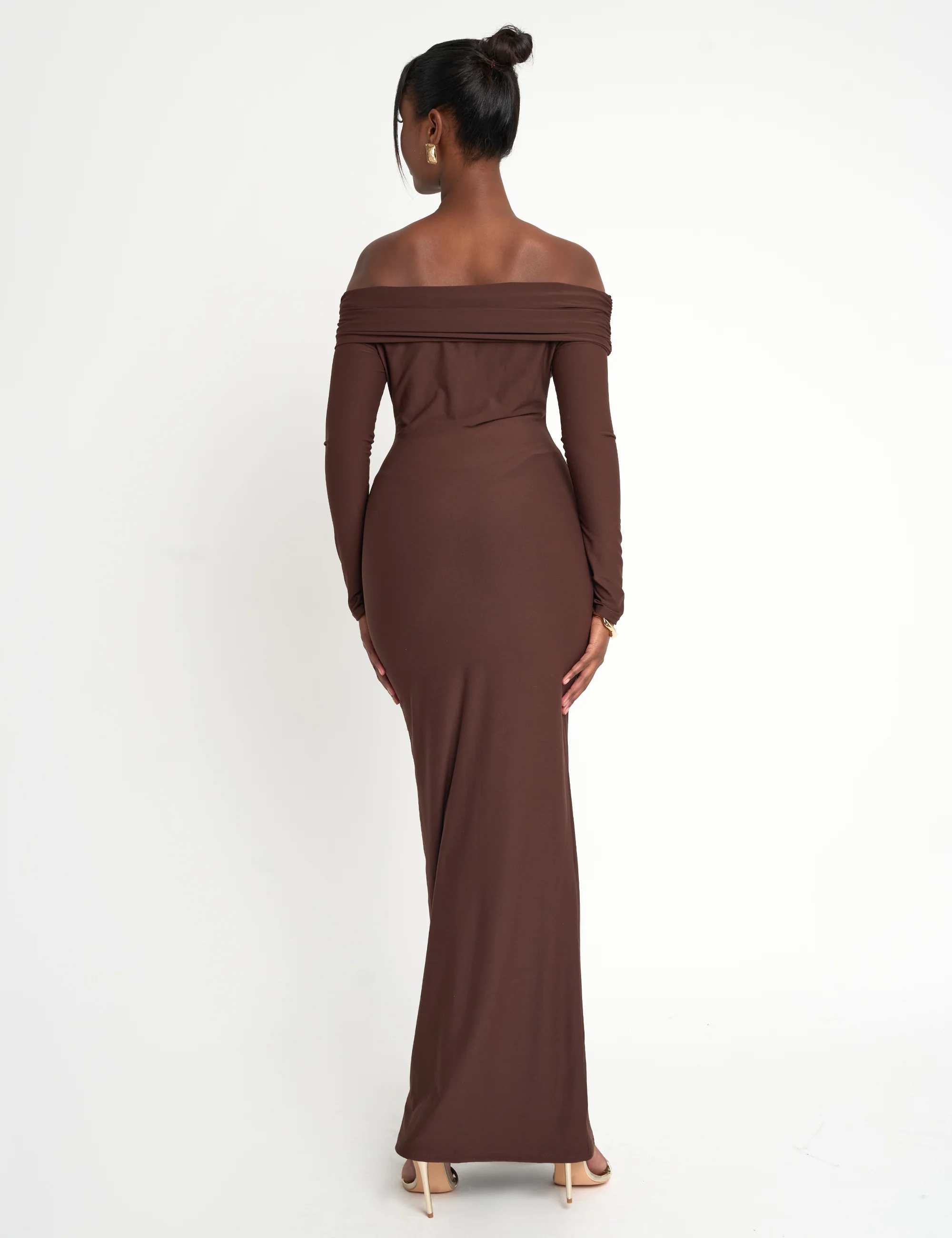 Slinky Bardot Maxi Dress Brown - Image 3