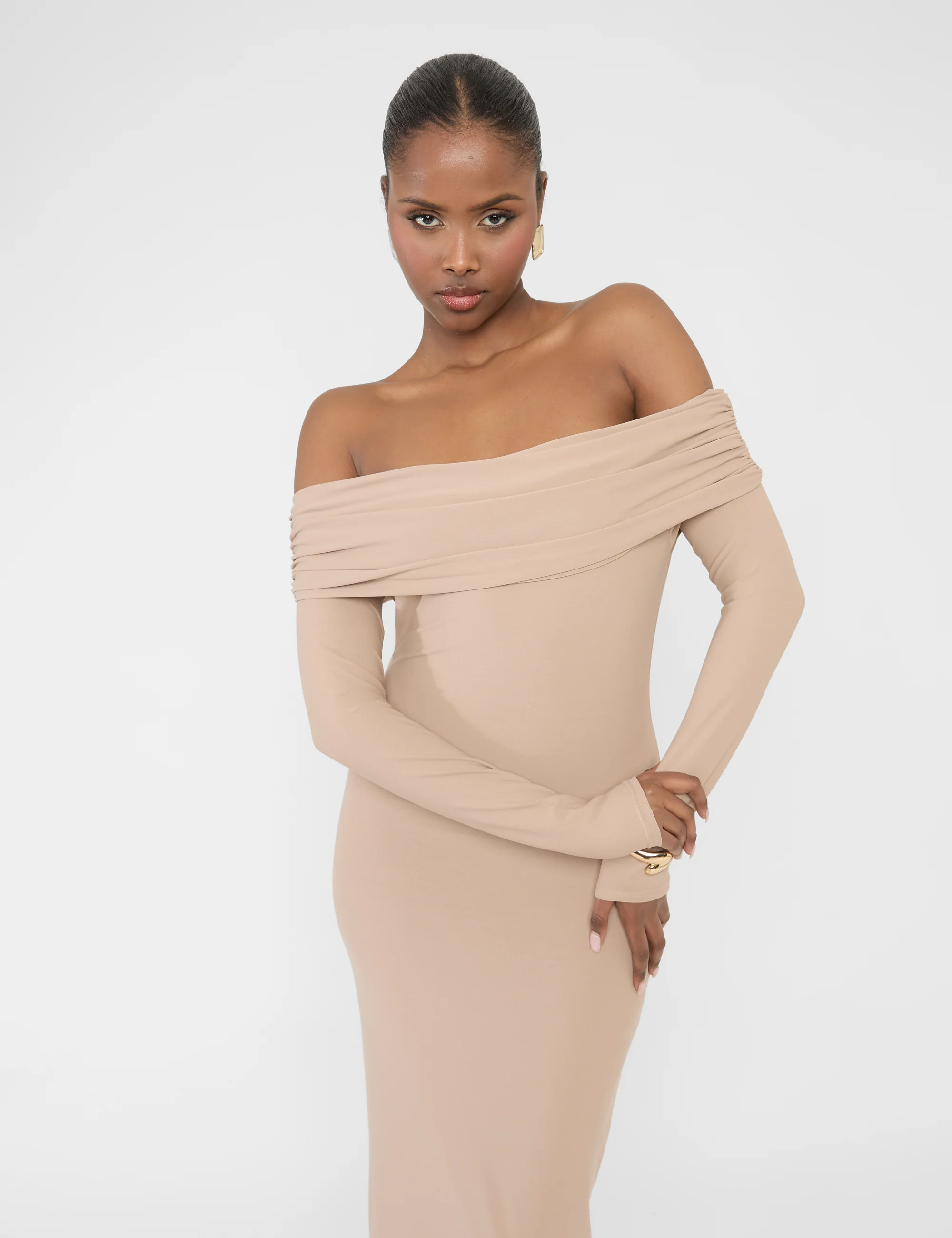 Bardot Luxe Slinky Maxi Dress Latte - Image 3
