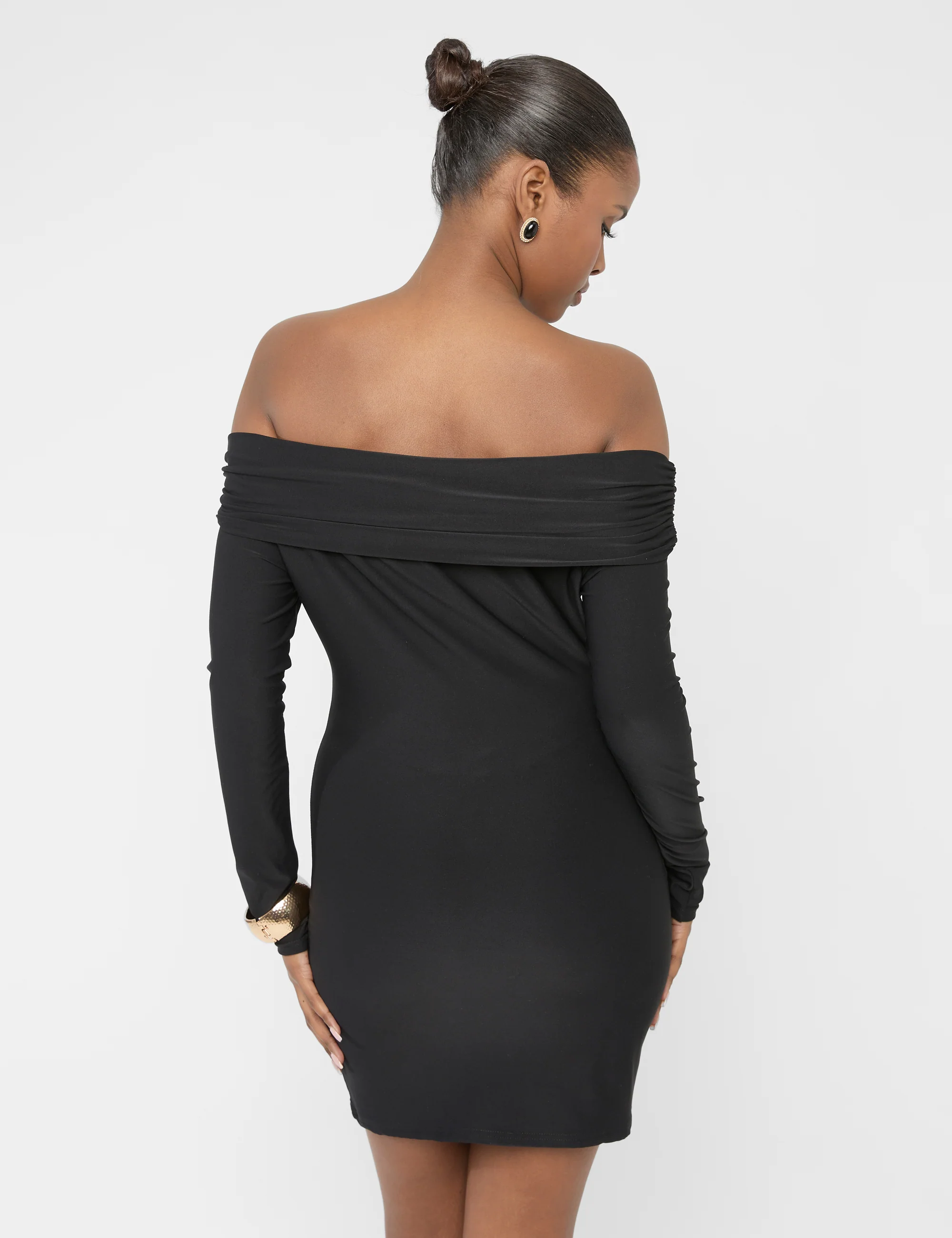 Off The Shoulder Luxe Slinky Mini Dress Black - Image 2