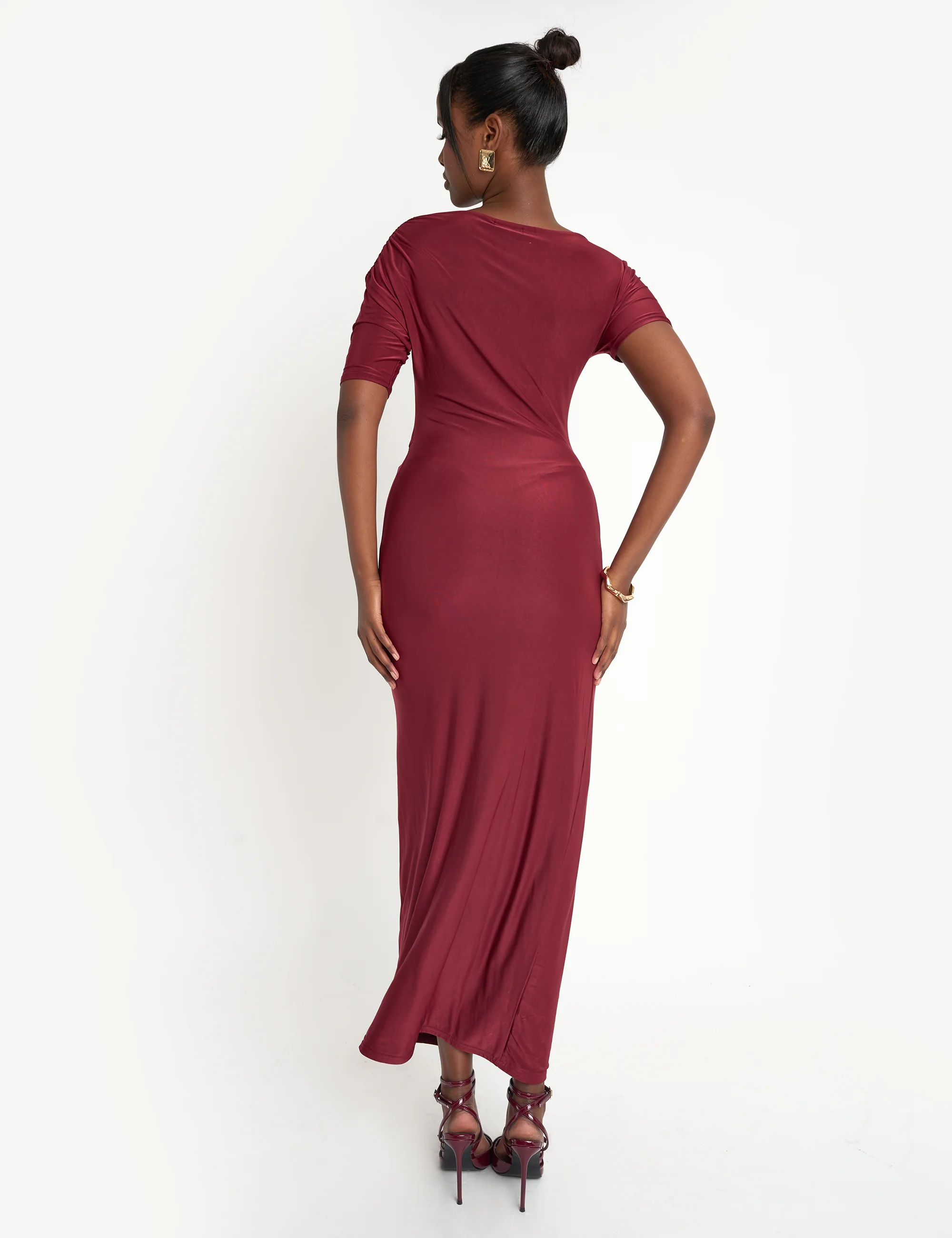 Slinky Ruched Detail Maxi Dress Burgundy - Image 3