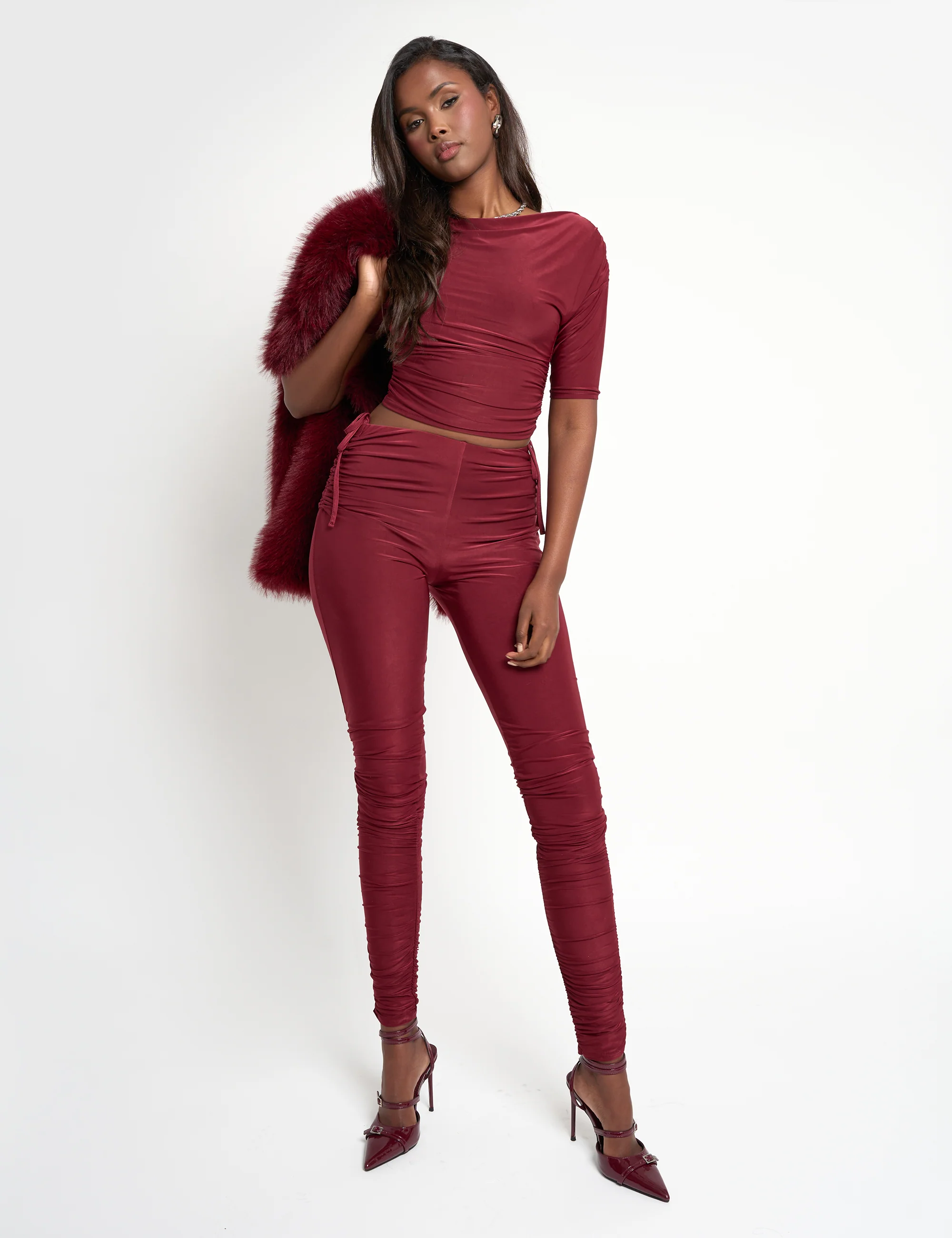 Slinky Ruched Short Sleeve Top Co Ord Burgundy - Image 4