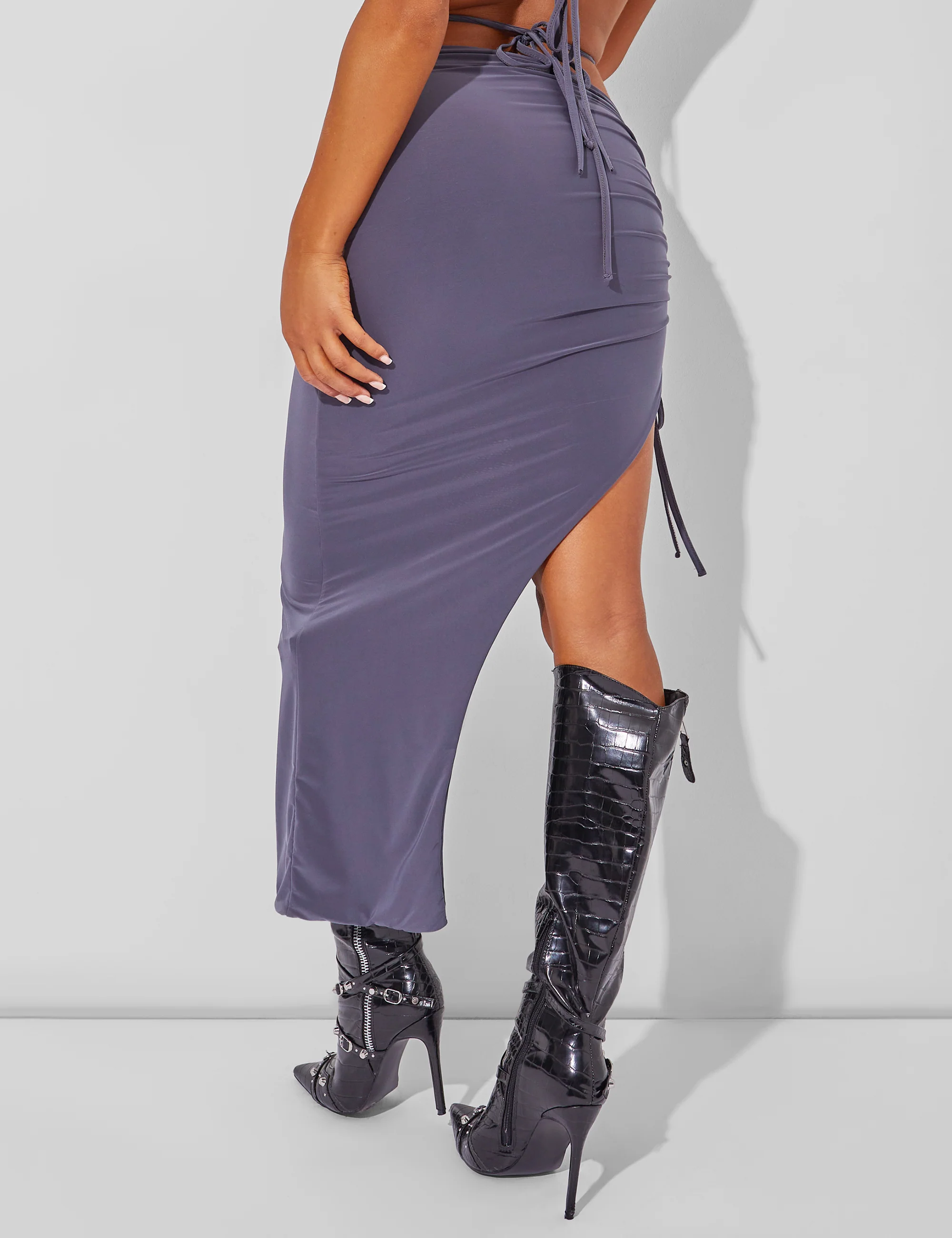 Slinky Ruched Side Maxi Skirt Charcoal Grey - Image 4