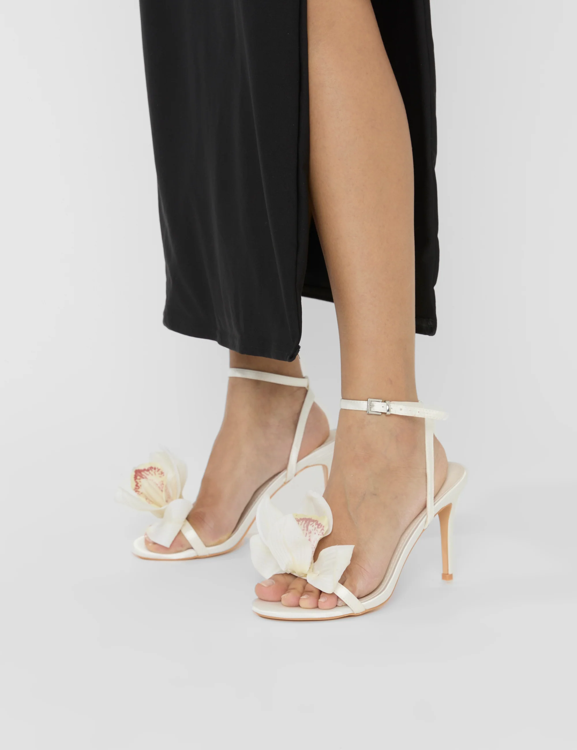 Smitten Ivory Satin Lily Flower Barely There High Heels - Image 2