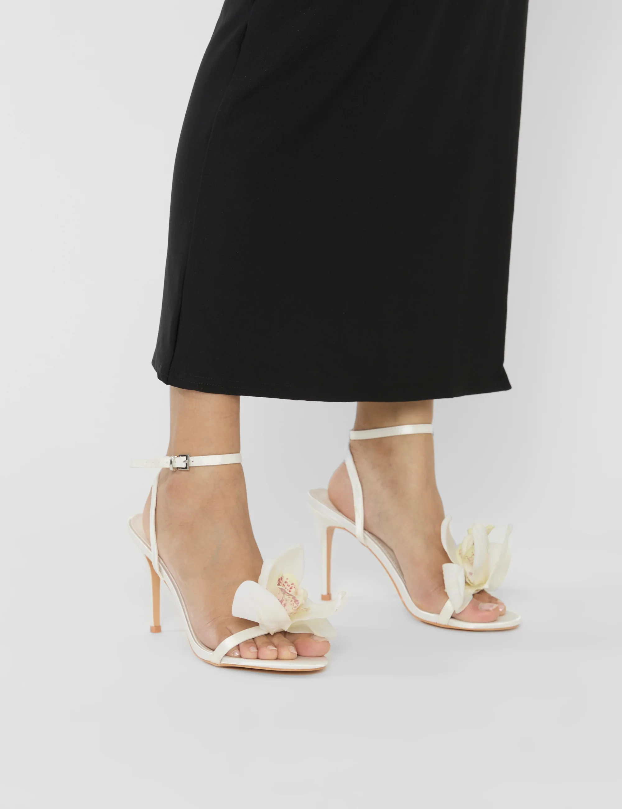 Smitten Ivory Satin Lily Flower Barely There High Heels - Image 4