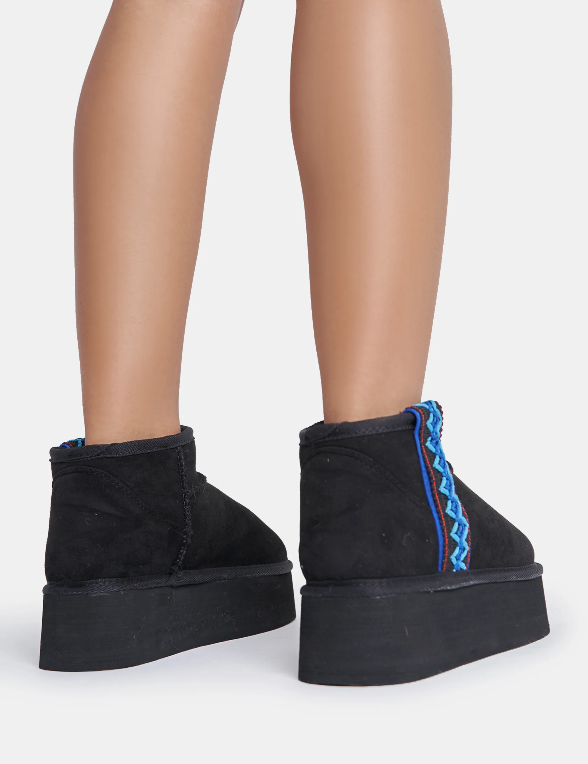 Snowfall Black Faux Suede Aztec Trim Ultra Mini Ankle Platform Boots - Image 3