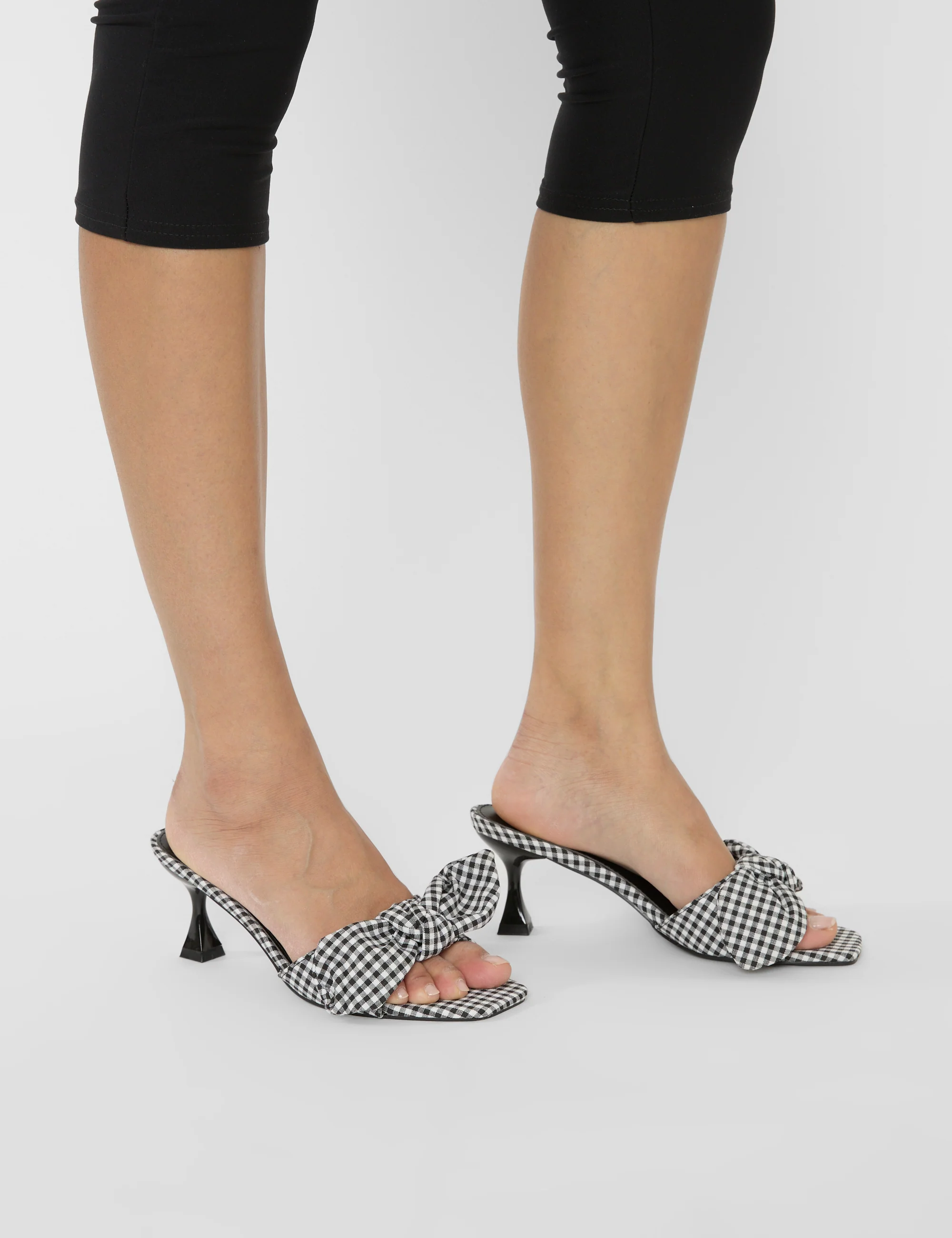 Soleil Black Gingham Bow Mule Square Toe Mid Heels - Image 5