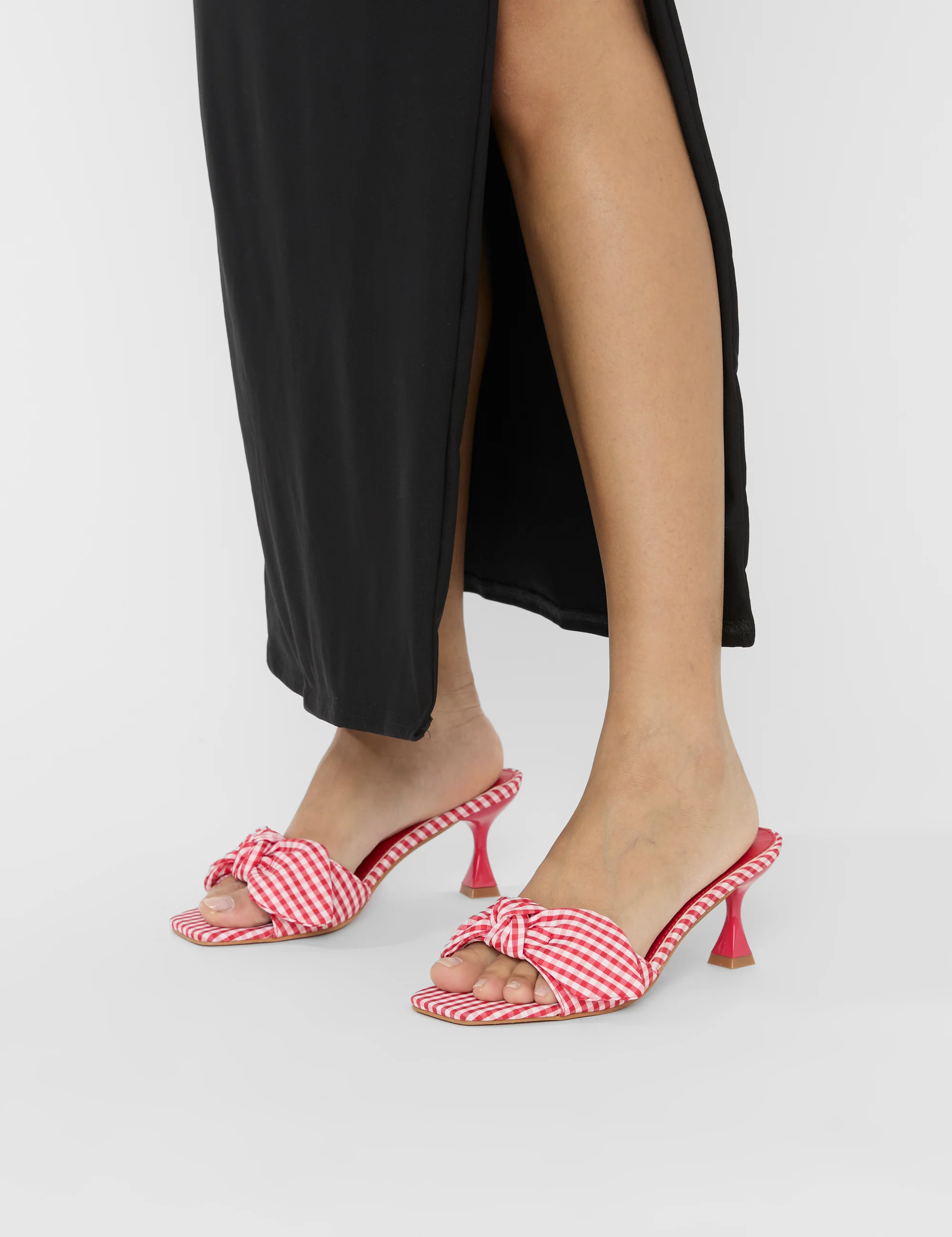 Soleil Red Gingham Bow Mule Square Toe Mid Heels - Image 5