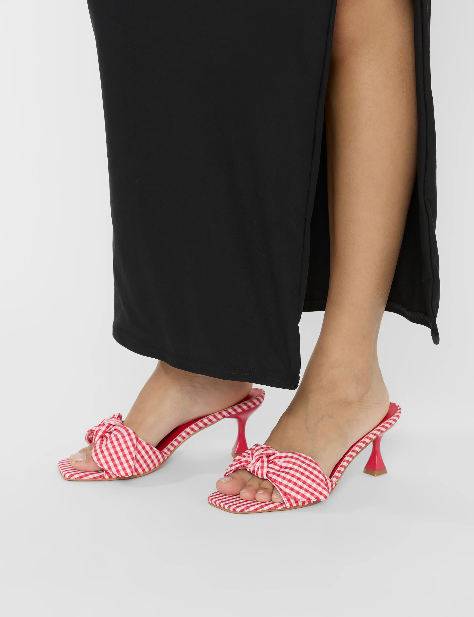 Soleil Red Gingham Bow Mule Square Toe Mid Heels - Image 6