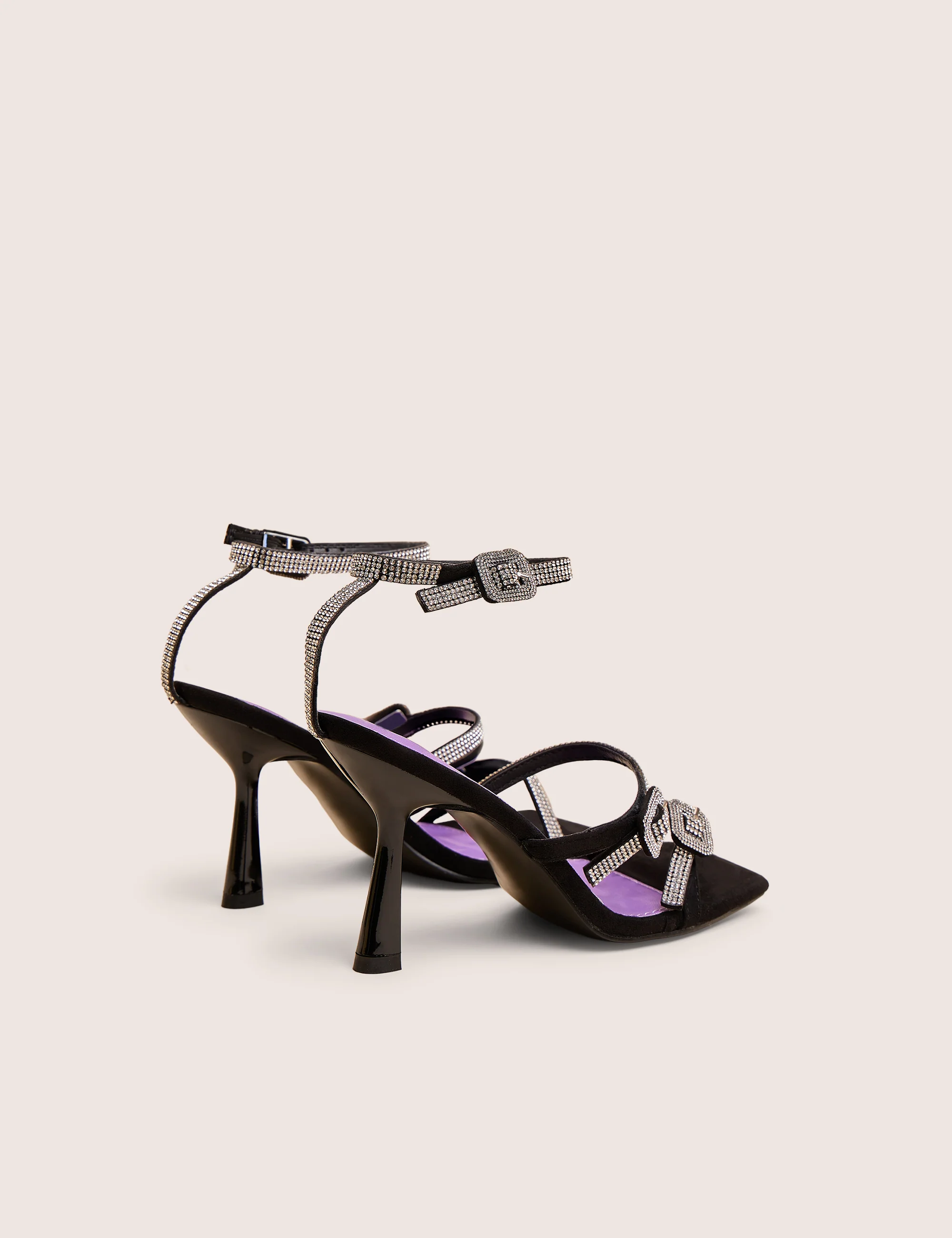 Spellbound Black Three Strap Diamante Buckle Heels - Image 3