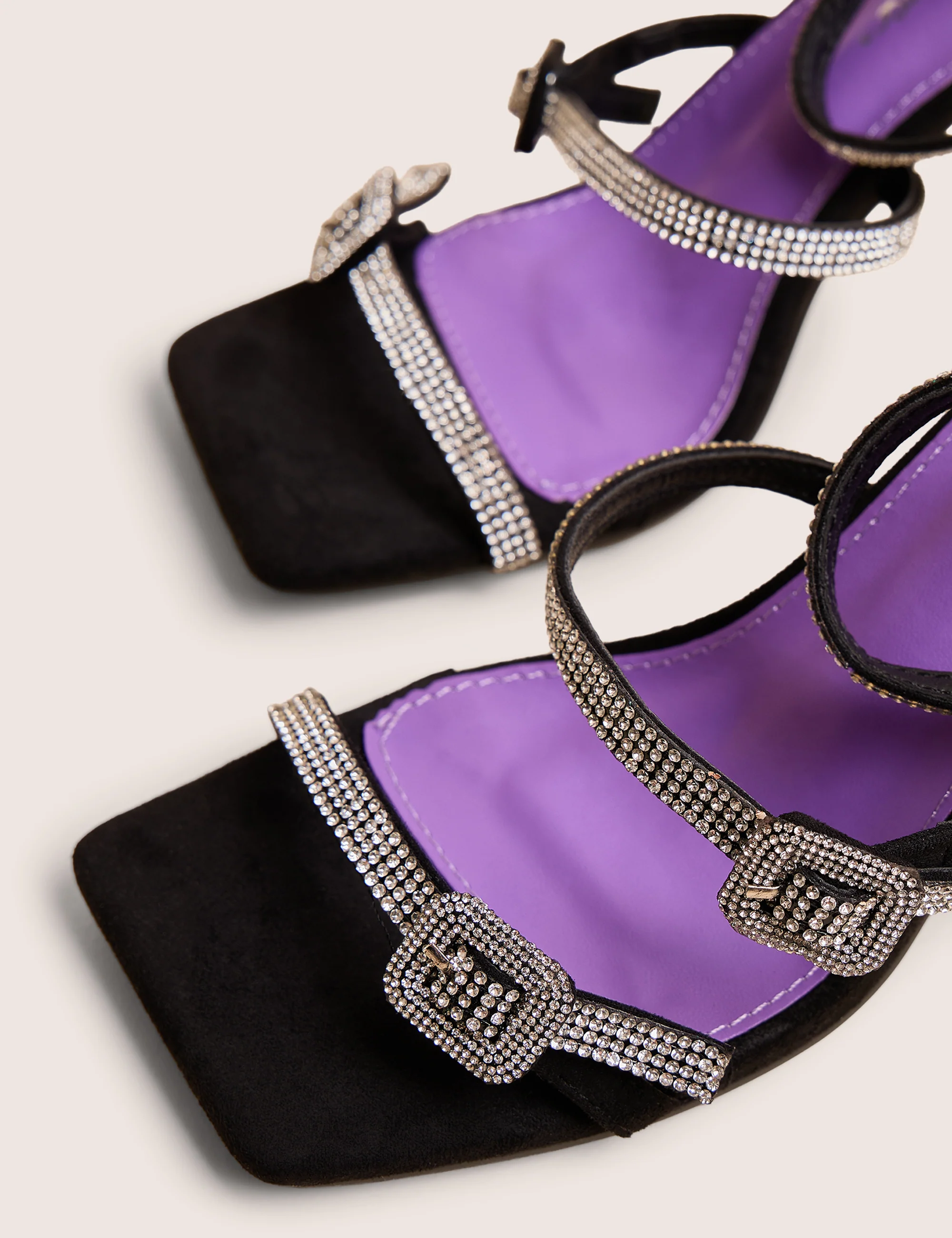 Spellbound Black Three Strap Diamante Buckle Heels - Image 4