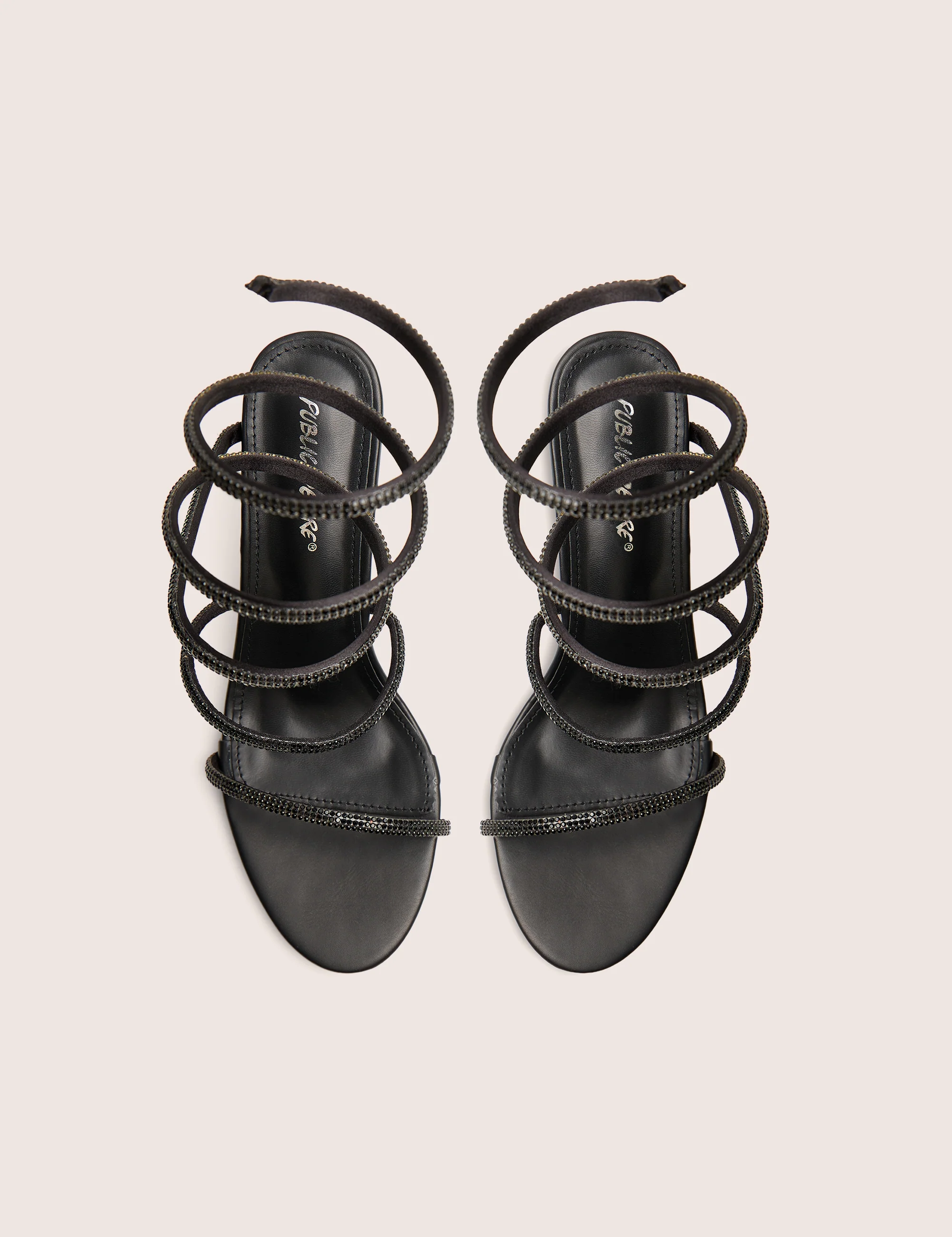 Spiral Black Diamante Wrap Around Ankle Mid Heels - Image 4