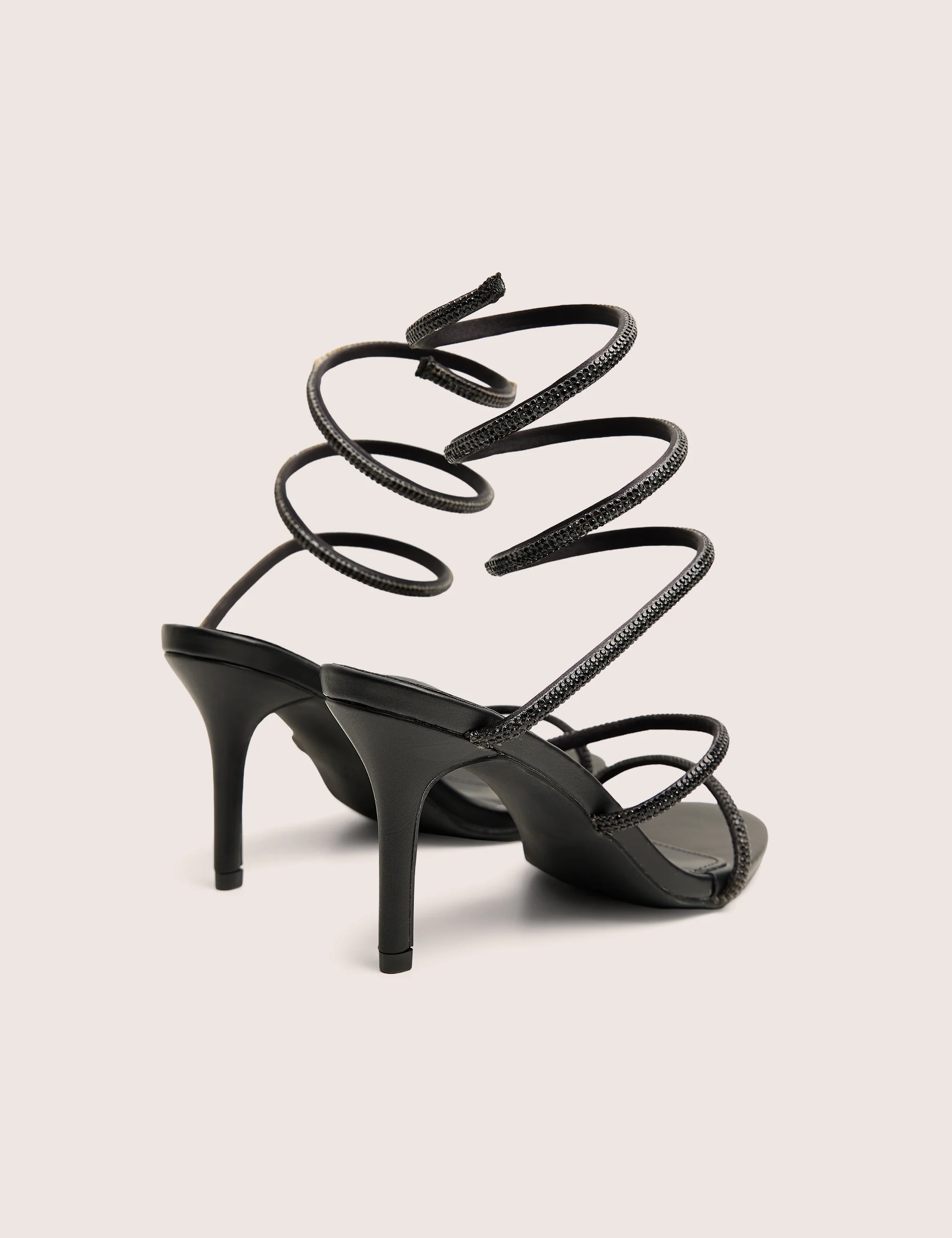 Spiral Black Diamante Wrap Around Ankle Mid Heels - Image 5