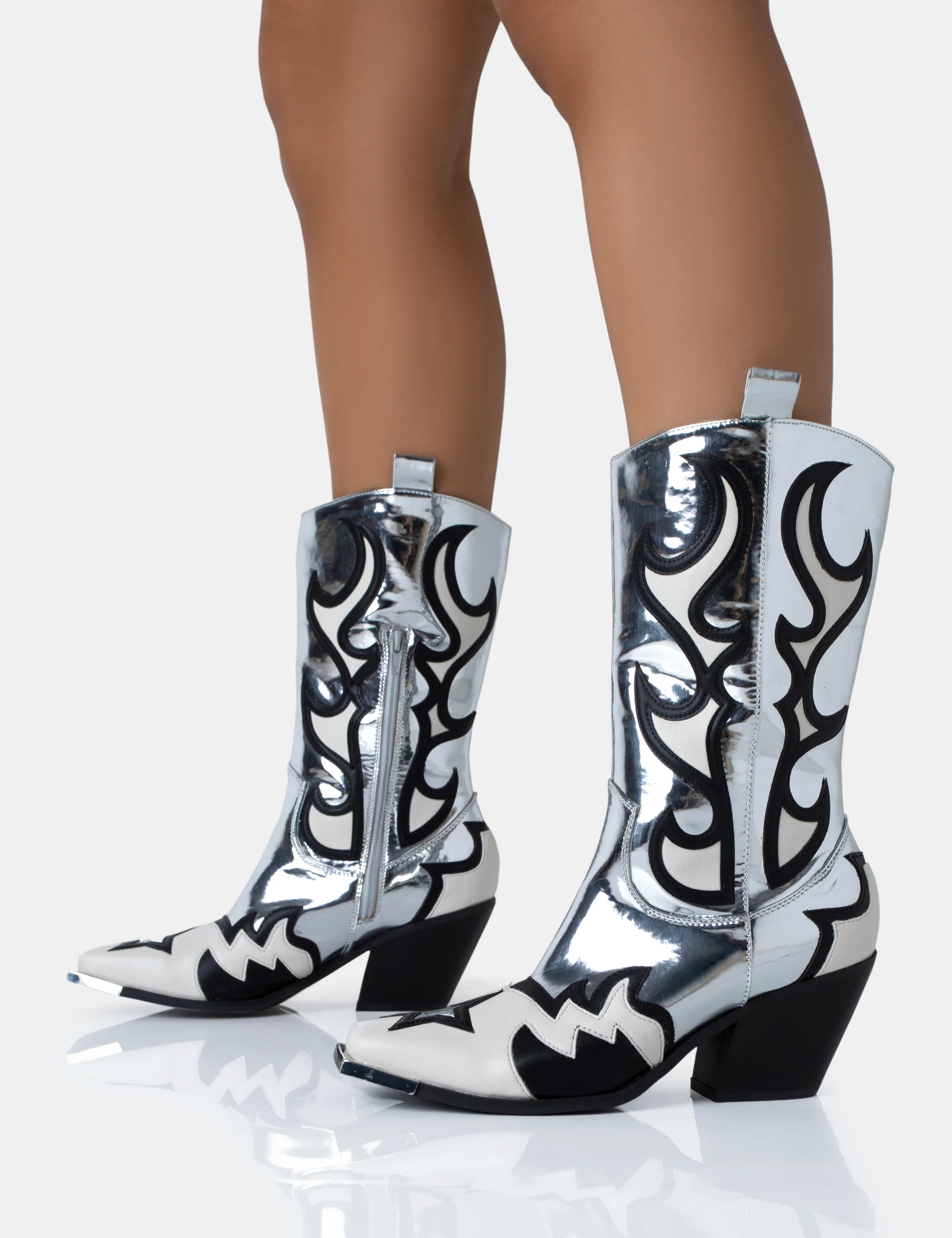 Starrie Silver Mirror Pu Metal Square Toe Heeled Cowboy Ankle Boot - Image 3
